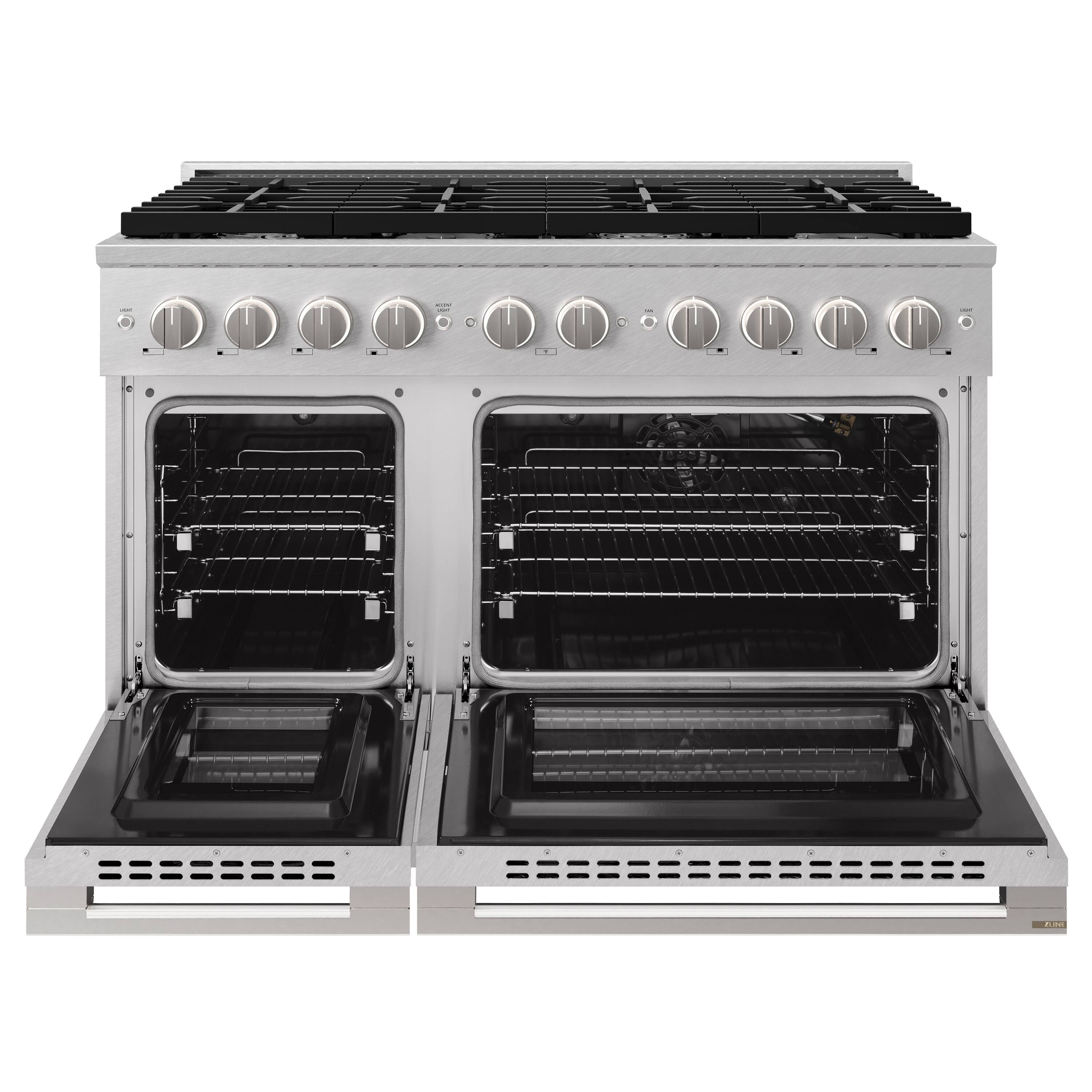 Angle. ZLINE - 48 in. 6.7 cu. ft. Marino Freestanding Double Oven Gas Range with Convection Gas Oven with 8 Brass Burners - Satin Stainless Steel.