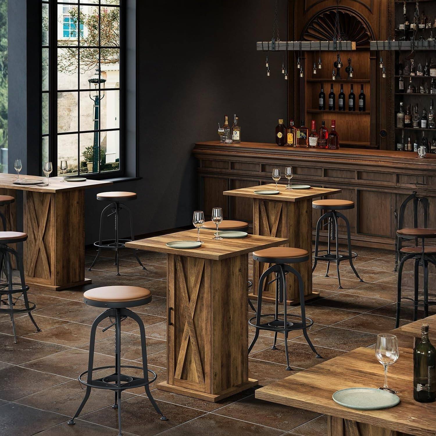 Alt View 5. Tribesigns - 31.5-Inch Square Counter-Height Bar Table with 3-Tier Storage Cabinet and X-Pattern Doors - Rustic Brown.