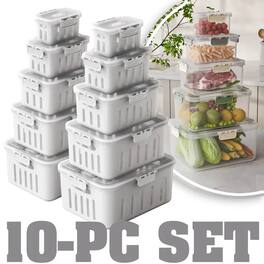 FC Design - 10PC Food Storage Box Set Airtight,Bpa-free, Stackable Container with Double Drain Basket with Air Holes - White