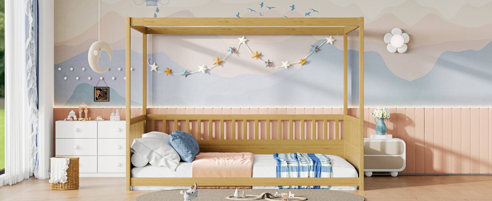 Alt View 7. Ecooso - Full Size Canopy Bed Frame with Guardrails for Kids,Floor Bed Full with Four Poster Design,Wood Canopy Bed Frame - Natural Wood.