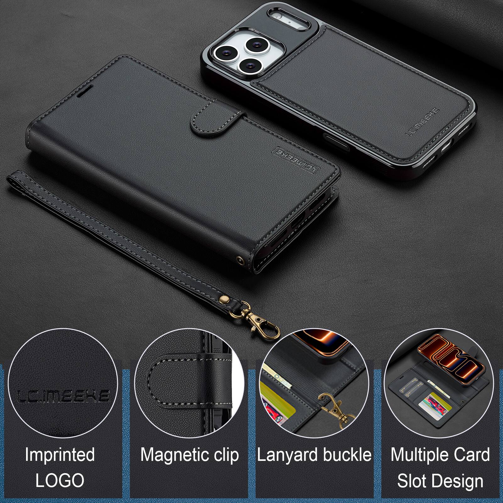 LCIMEEKE  
Imprinted LOGO  
Magnetic clip Lanyard buckle Multiple Card Slot Design
