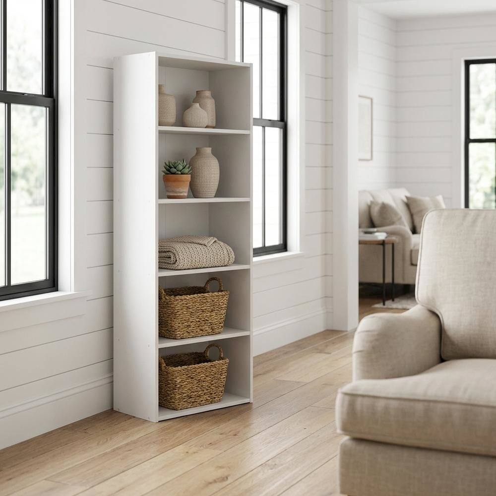 Angle. FurniFact - Wooden Bookcase with Adjustable Shelves for Living Room and Office - White.