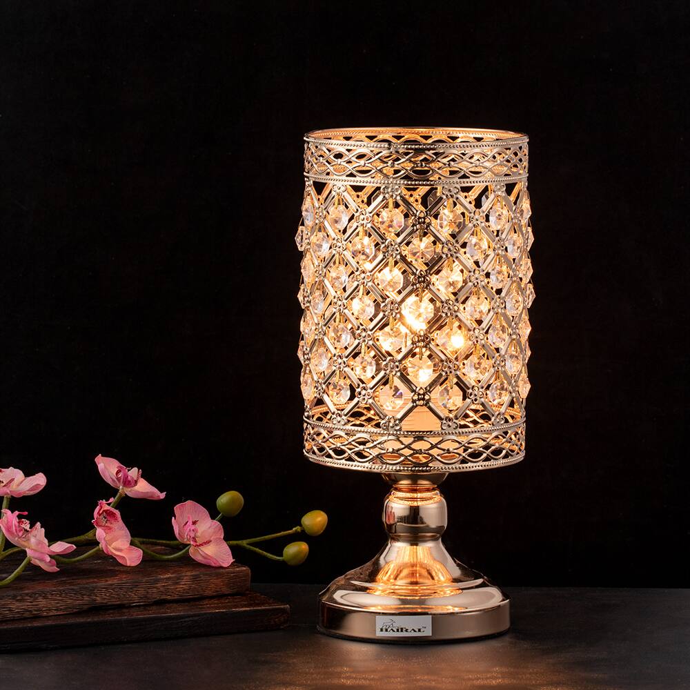 Back. Oumilen - Golden Cylindrical Beaded Crystal Table Lamp with Metal Base & UL Plug, Luxury Lighting for Bedroom Study Living Room.