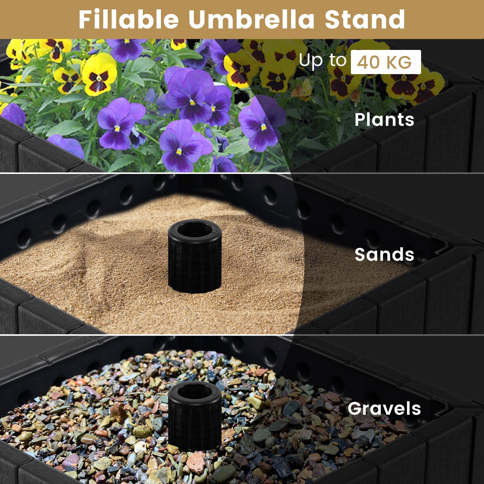 Fillable Umbrella Stand  
Up to 40 KG  
Plants  
Sands  
Gravels