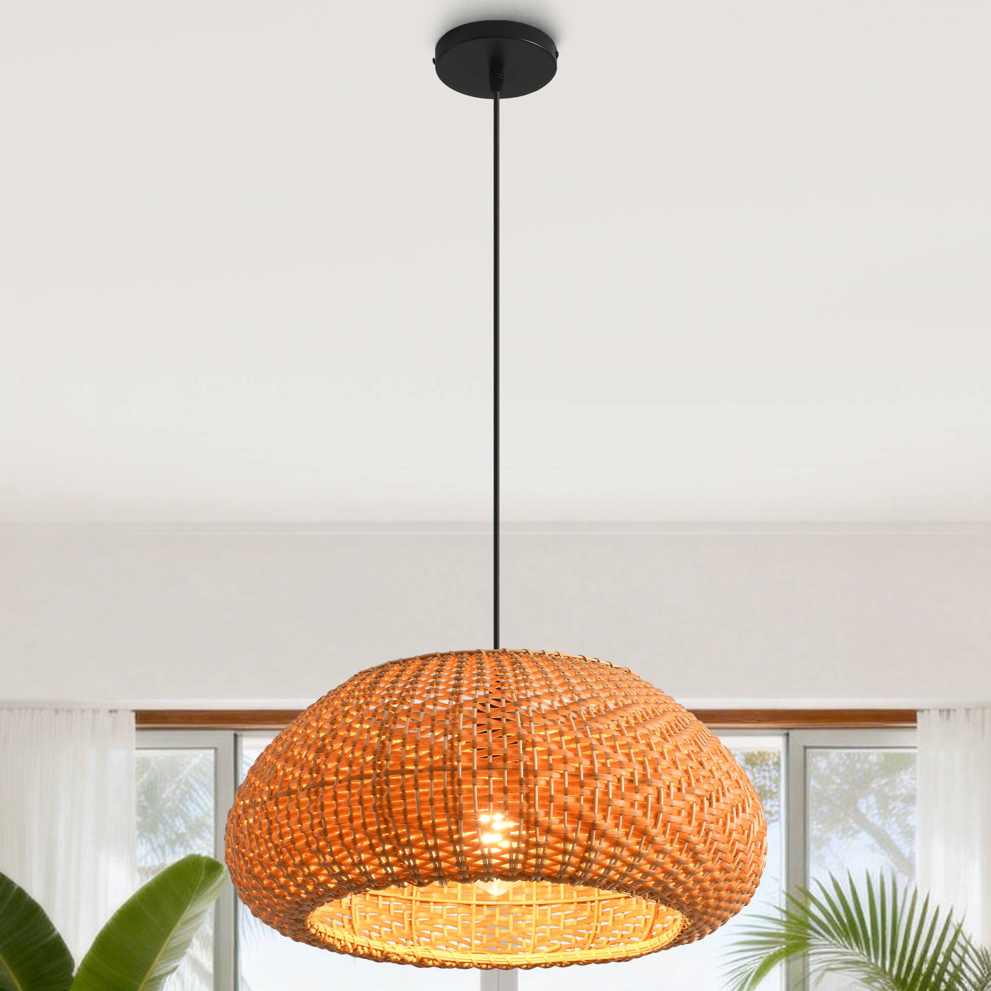 Alt View 1. Parrot Uncle - 1-Light Coastal Retro Brown Rattan Hand-Woven Cloche Hanging Cage Pendant Light.