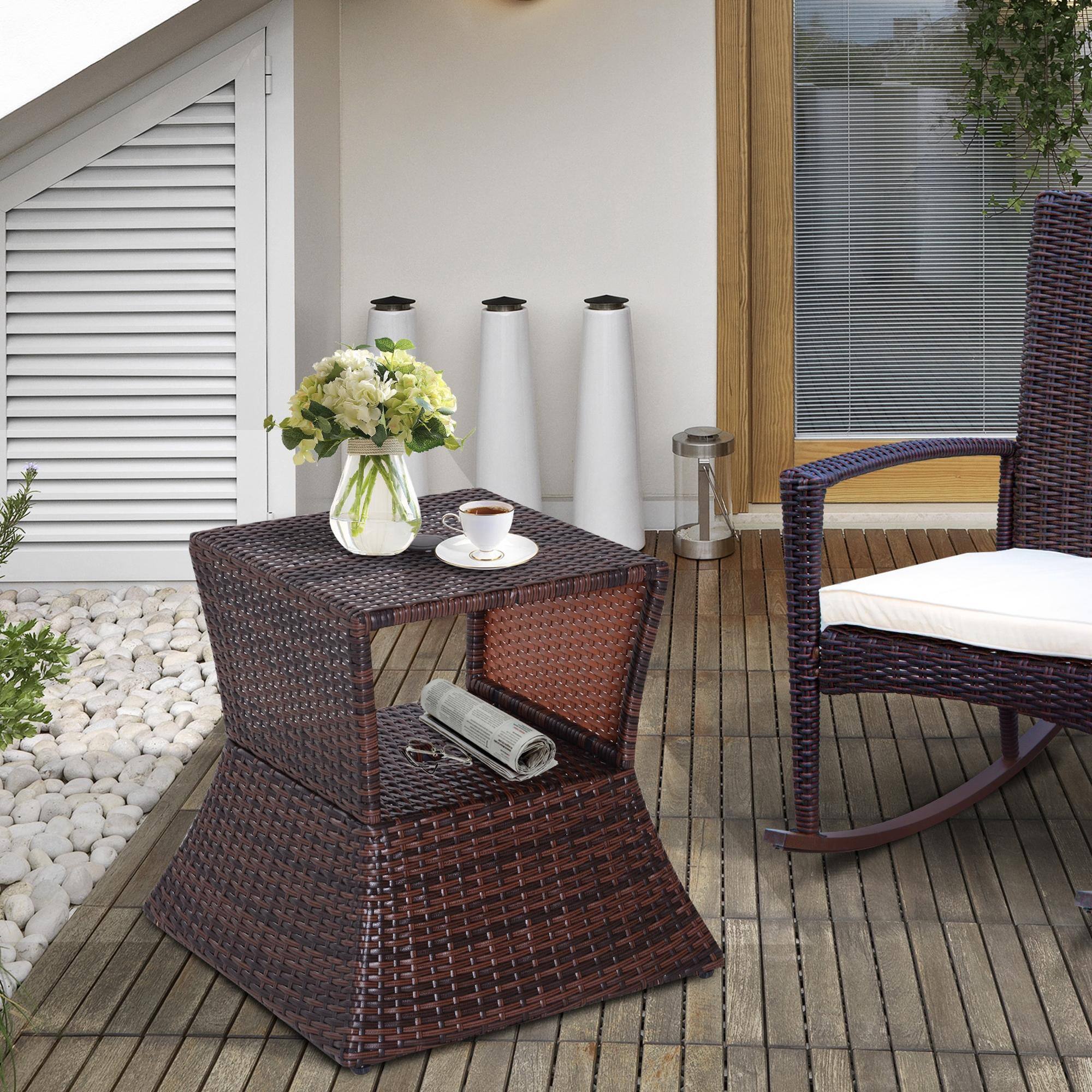 Alt View 1. Outsunny - Outdoor Side Table with Umbrella Hole, 2 Tier Rattan Wicker End Table with Storage Shelf, All Weather for Outdoor - Brown.