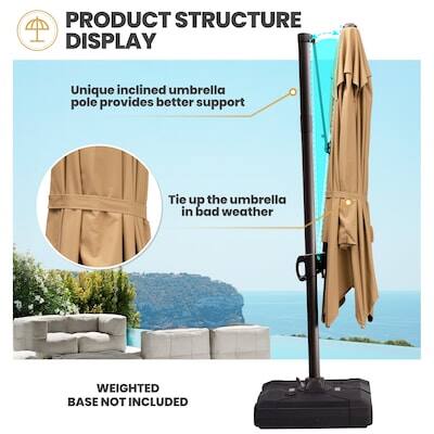 PRODUCT STRUCTURE DISPLAY

Unique inclined umbrella pole provides better support

Tie up the umbrella in bad weather

WEIGHTED BASE NOT INCLUDED