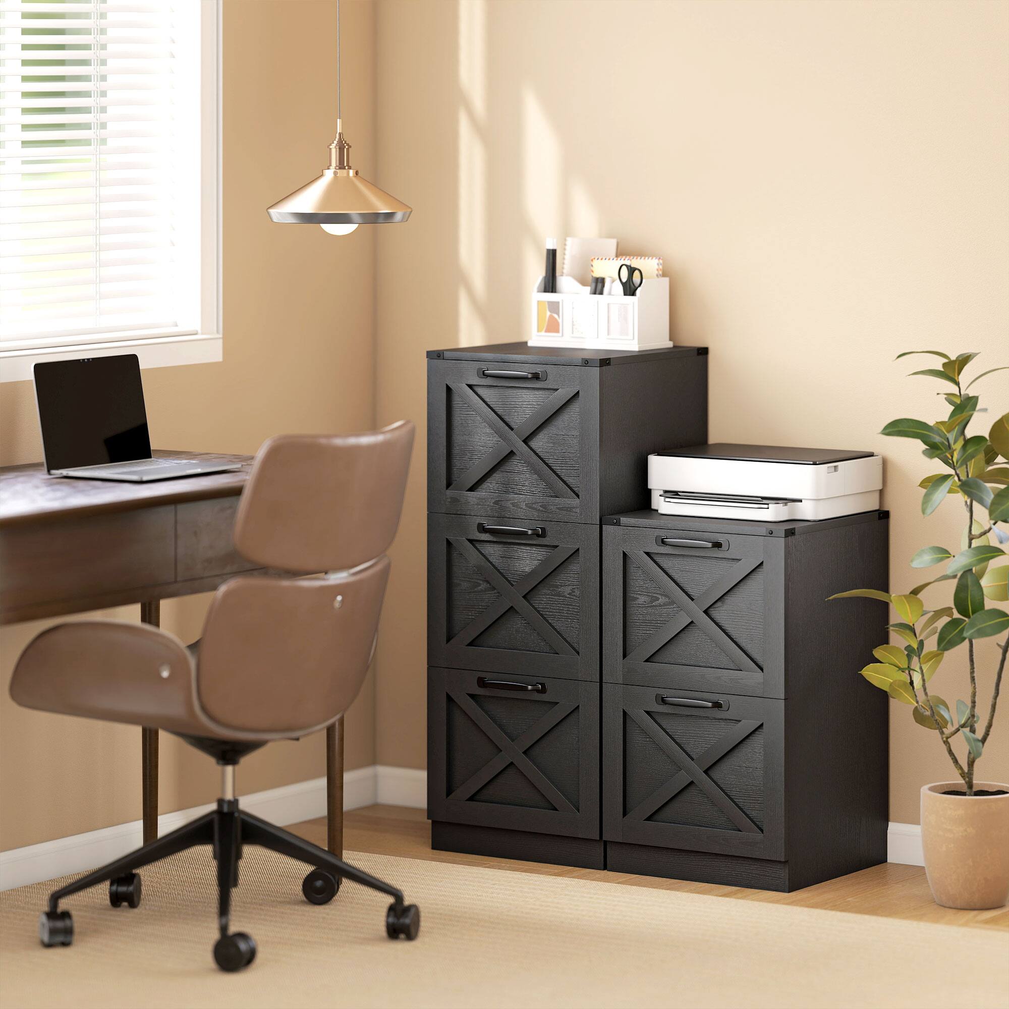 Alt View 7. Homcom - Storage Drawers Farmhouse X Pattern Printer Stand Fits Letter Files 2 Drawers - Black.