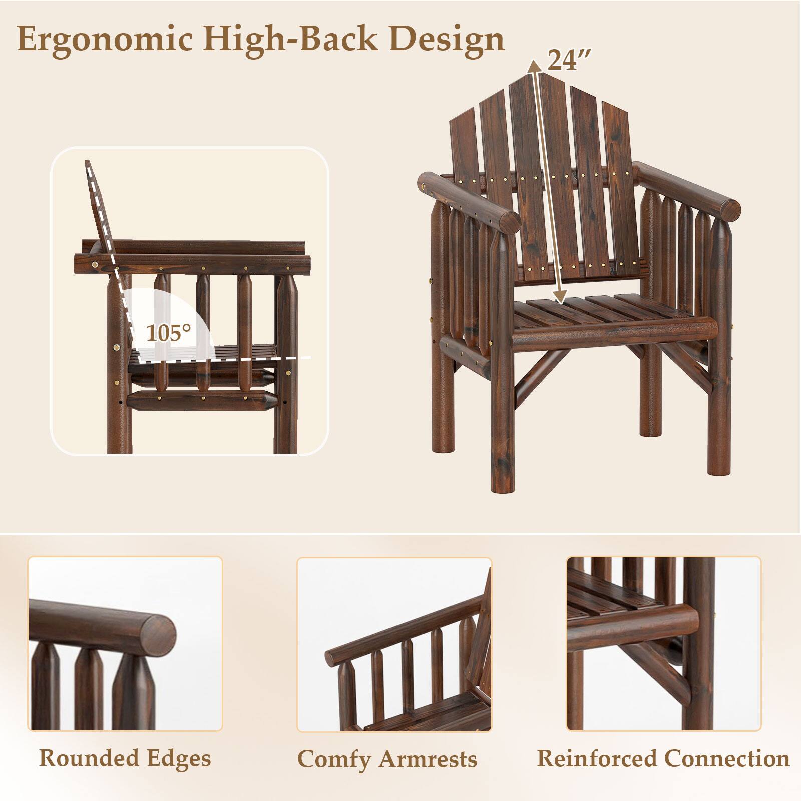 Ergonomic High-Back Design  
24"  
105°  

Rounded Edges  
Comfy Armrests  
Reinforced Connection