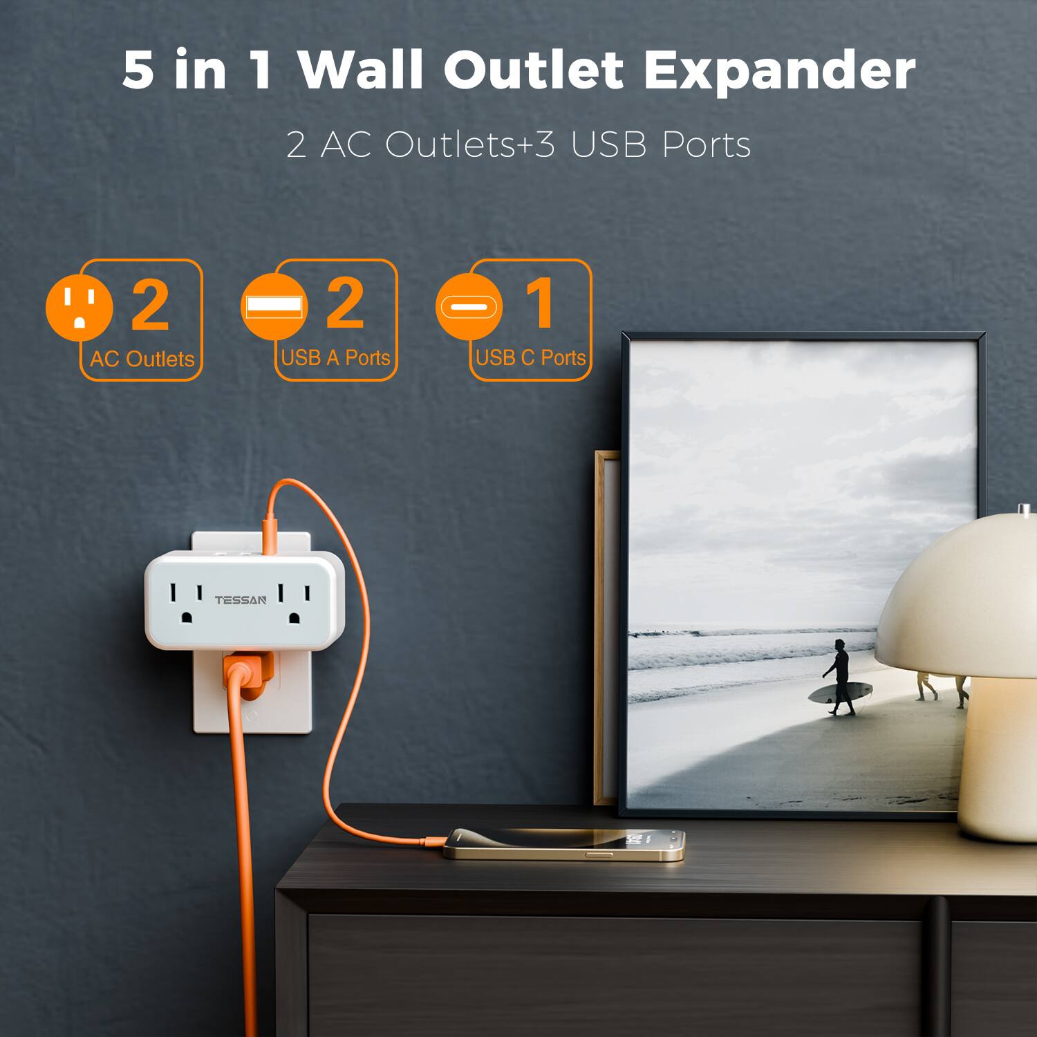 5 in 1 Wall Outlet Expander  
2 AC Outlets + 3 USB Ports  
2 AC Outlets  
2 USB A Ports  
1 USB C Ports  
TESSAN