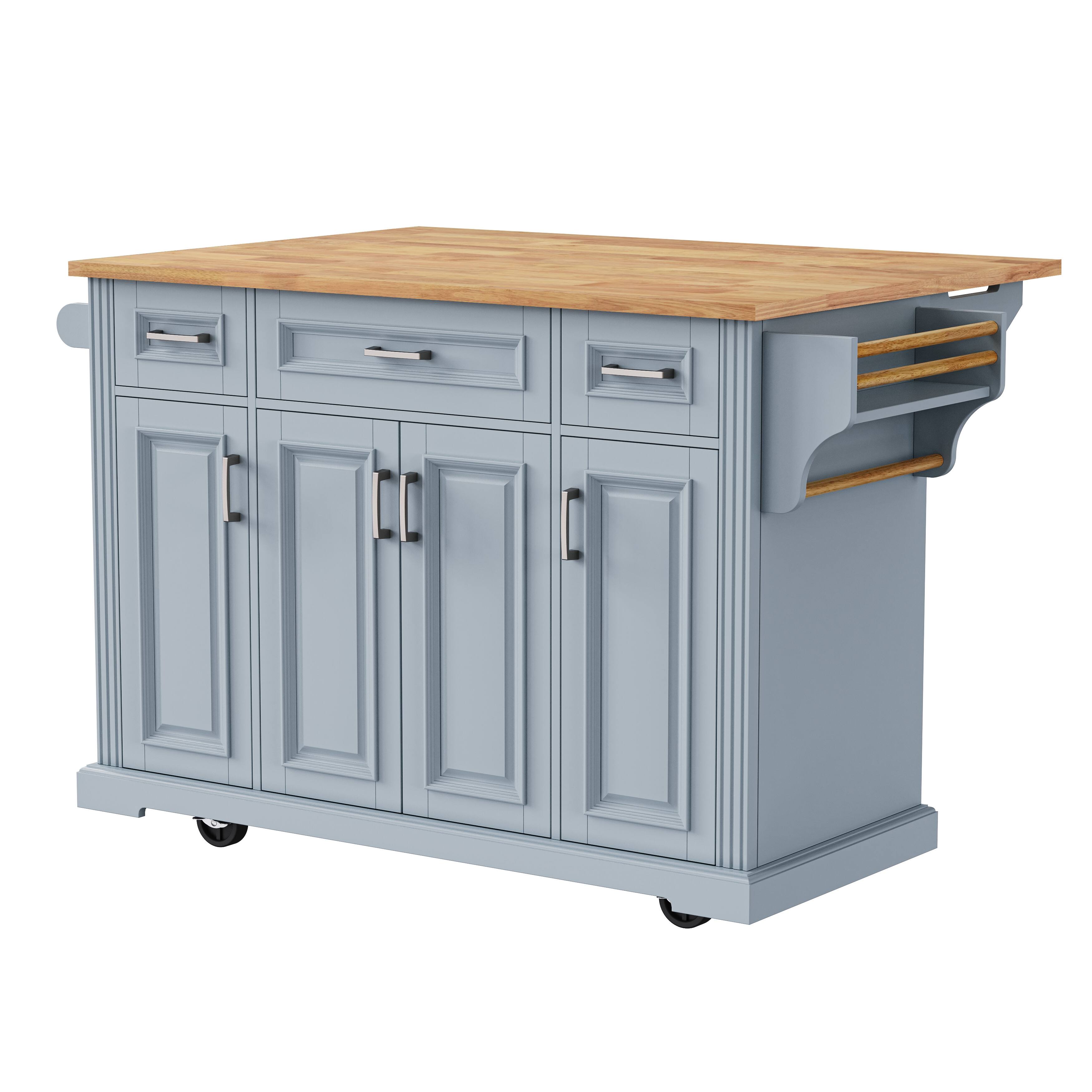 Left. Whisen - 54" Rubber Wood Top Drop Leaf Kitchen Island, Rolling Cart with Storage for Kitchen - Gray.