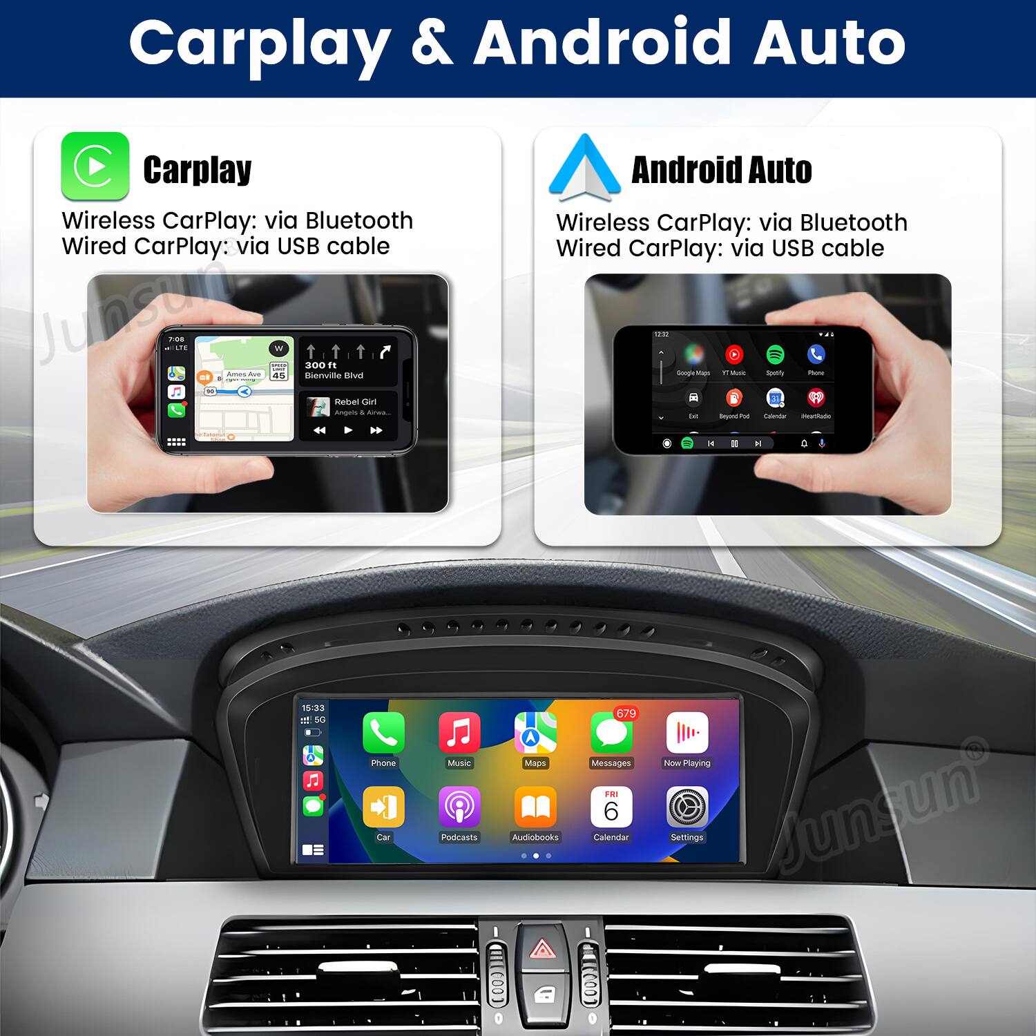 Carplay & Android Auto

Carplay
Wireless CarPlay: via Bluetooth
Wired CarPlay: via USB cable

Android Auto
Wireless CarPlay: via Bluetooth
Wired CarPlay: via USB cable

Now Playing
Phone
Music
Podcasts
Audiobooks
Messages
Calendar
Settings