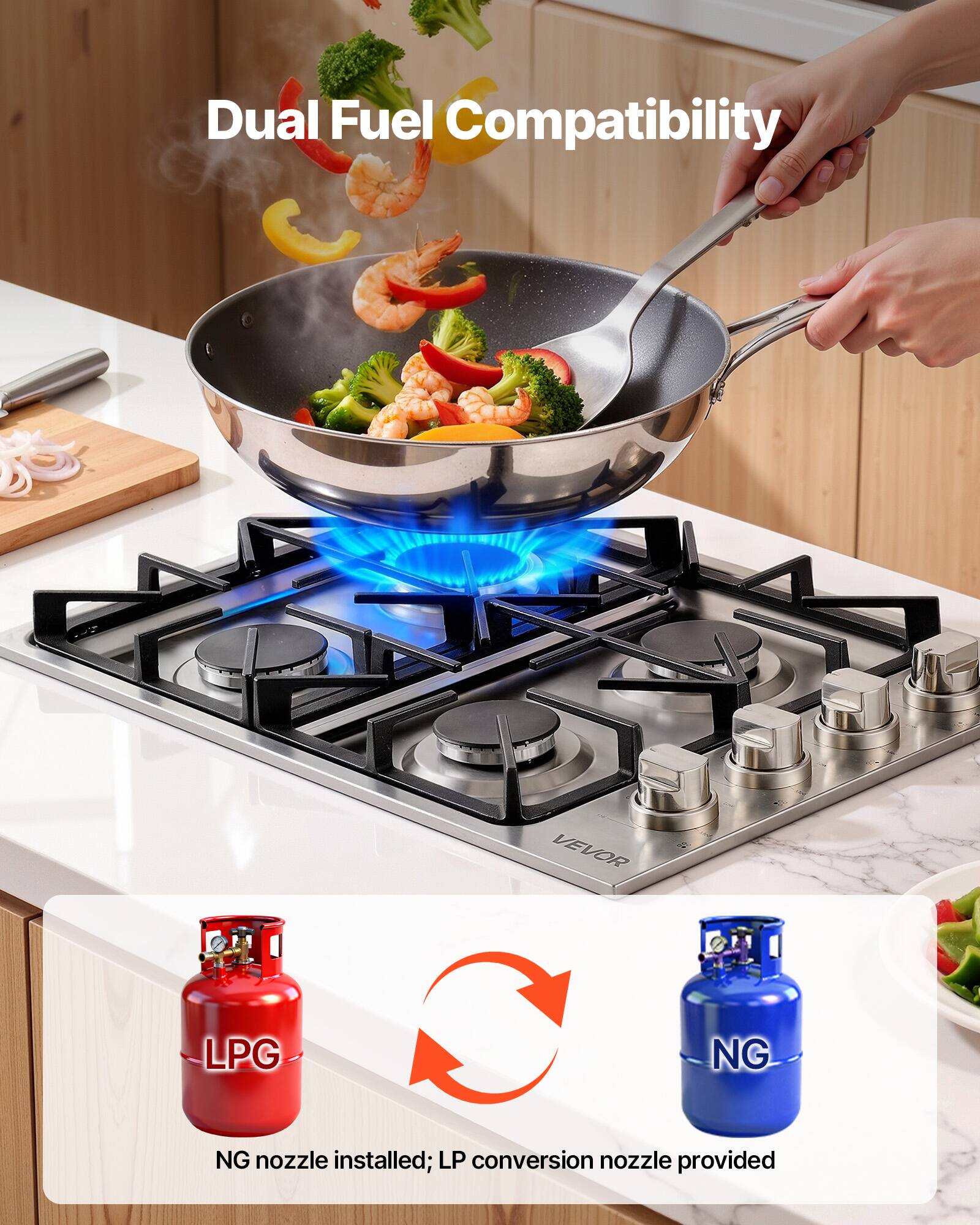 Dual Fuel Compatibility

VEVOR LPG NG NG nozzle installed; LP conversion nozzle provided