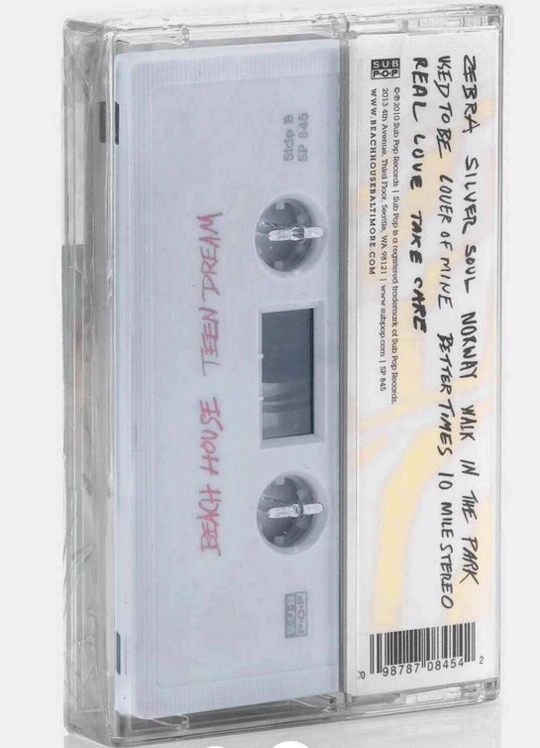 Sure, here is the corrected and grouped text from the image:

---

**Front Side:**
- DREAM TEEN HOUSE
- BEACH B 845
- Side as SUB P-O-P 2013 4th 2010 REAL
- ZEBRA Sub Avenue, Pop WWW.BEACHHOUSEBALTIMORE.
- Third Records E or - LOVER SILVER Sub Seattle Pop is COM 98121 WA registered D TAKE OF - MINE T MMM trademark
- dodqns of - ds com Pop Sub NORWAY 845 Records.
- TIMES WALK IN MILE THE STEREO PARK 08454 2 30 98787

**Back Side:**
- SUB POP
- REAL TO BE SILVER SOUL
- LOVE COVER OF MINE
- BETTER TIMES 10 MILE PARK
- USED TO BE
- ZEBRA
- www.beachhousebaltimore.com | www.subpop.com | Sub Pop Records
- ©2010 Sub Pop Records
- 98121
- 98787 08454

**Additional Text:**
