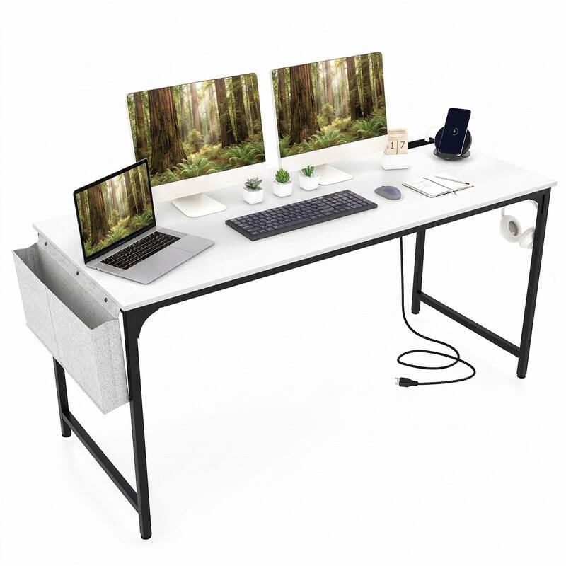 Left. WELLFOR - 60"  Computer Desk with Charging Station & Storage Bag, Study & Gaming Desk with Metal Frame for Home Office - White.