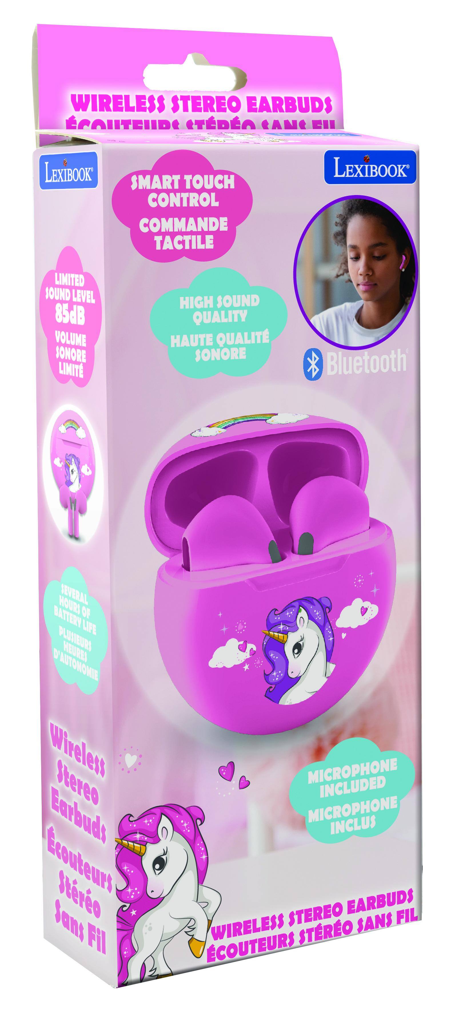 WIRELESS STEREO EARBUDS  
LEXIBOOK  
SMART TOUCH CONTROL  
COMMANDE TACTILE  
LIMITED SOUND LEVEL 85dB  
VOLUME SONORE LIMITÉ  
HIGH SOUND QUALITY  
HAUTE QUALITÉ SONORE  
Bluetooth  
Wireless Stereo Earbuds  
Écouteurs Stéréo Sans Fil  
MICROPHONE INCLUDED  
MICROPHONE INCLUS