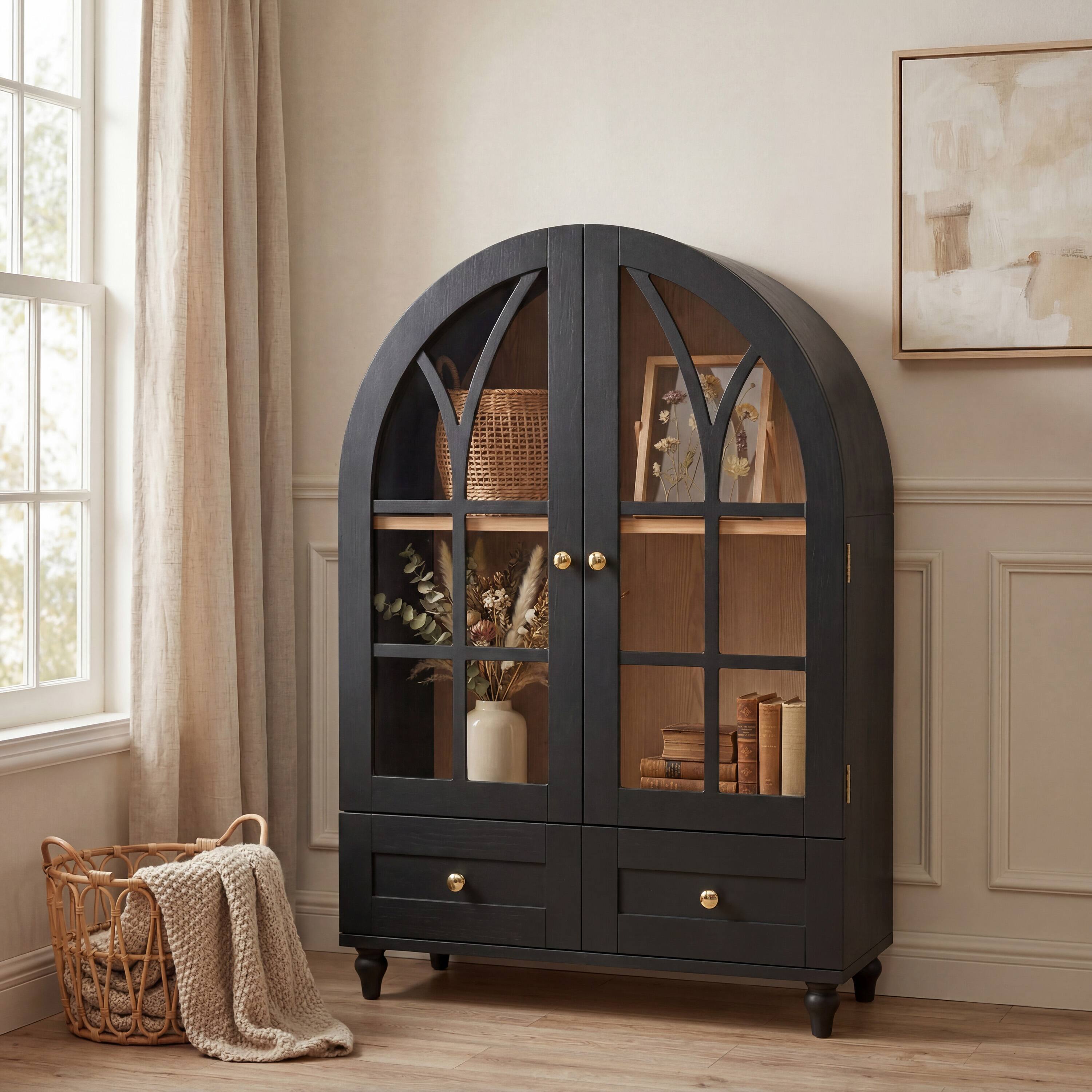 Angle. Loheer - Loheer Arched Display Cabinet Wood Storage Cabinet with Glass Doors Accent Cabinet with Drawers for Living Room - Natural Wood.