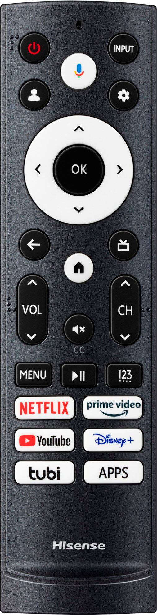 The text on the image is grouped as follows:

1. Input: OK, Vol, CC, Menu, II, 123, Prime Video, Netflix, YouTube, Disney+, Tubi, APPS, Hisense.