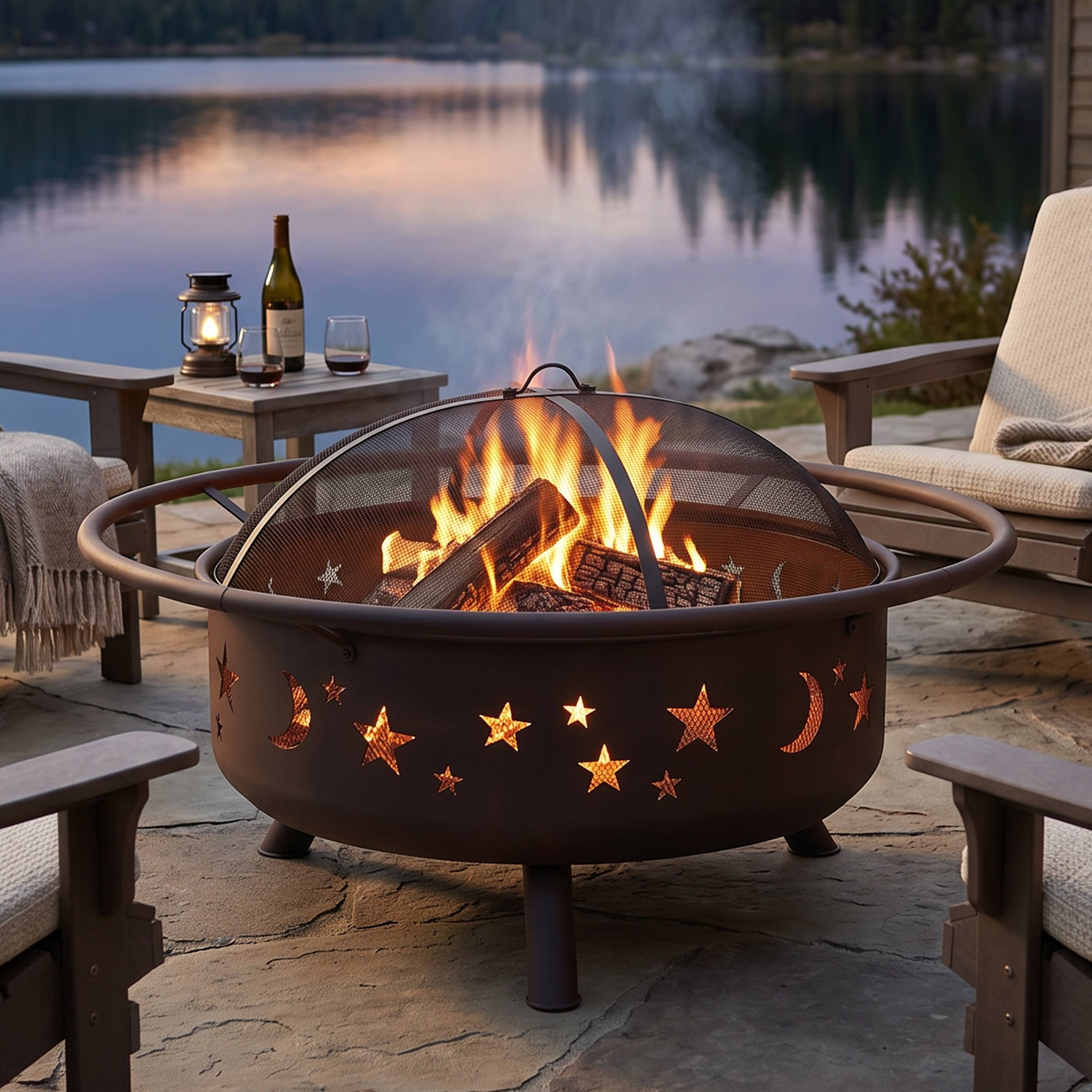 Alt View 2. Sunnydaze - 36 in Cosmic Steel Fire Pit w/Spark Screen/Poker - Bronze.
