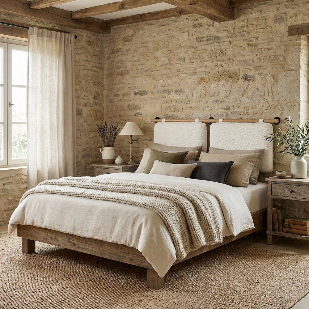 Angle. FurniFact - Chenille Upholstered Queen Headboard Wall-Mounted, Soft Texture, Durable Design - Beige.