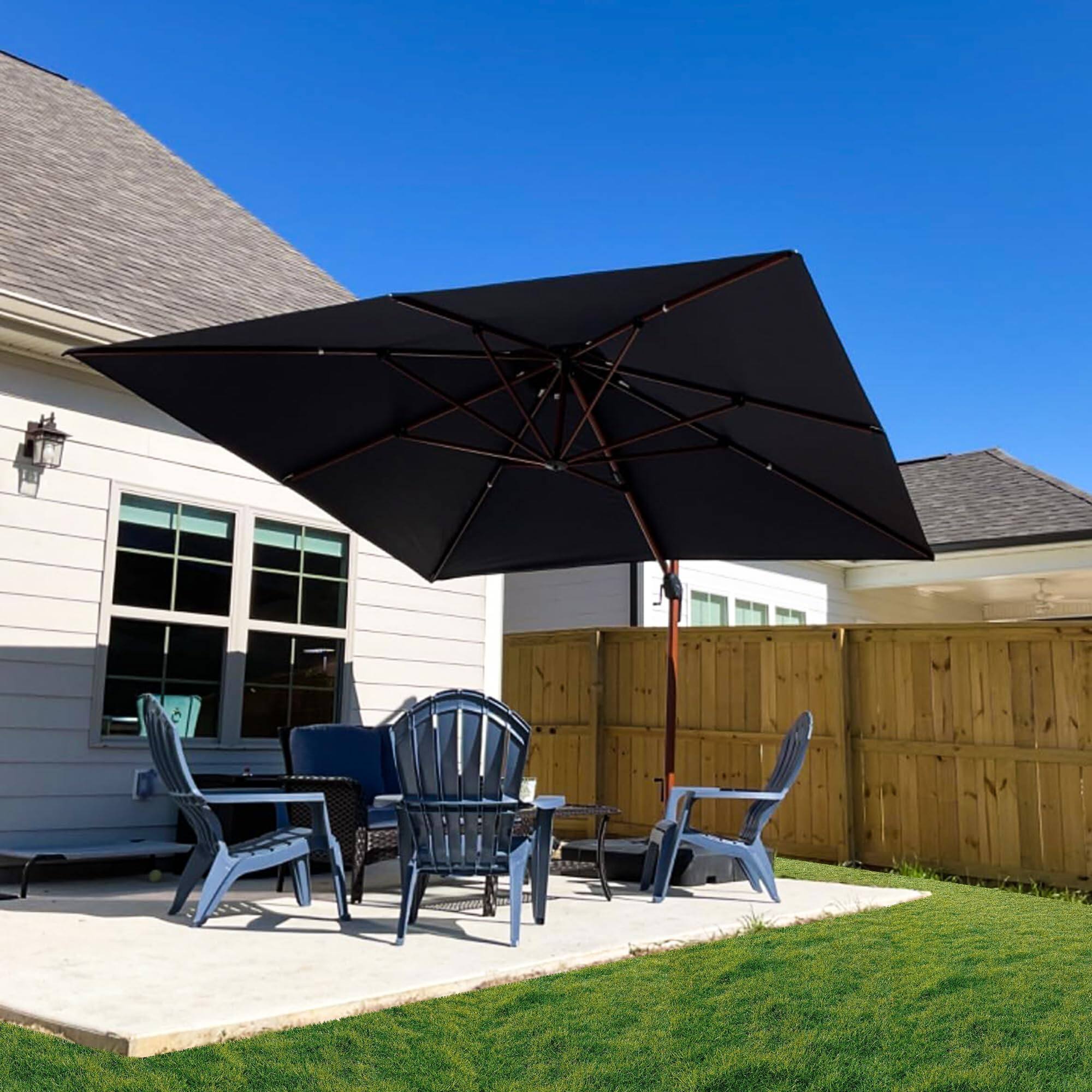 Left. PURPLE LEAF - 9' X 12' Patio Rectangle Outdoor Cantilever Umbrella Windproof Offset Heavy Duty Sun Umbrella with Base for Garden - Navy Blue.