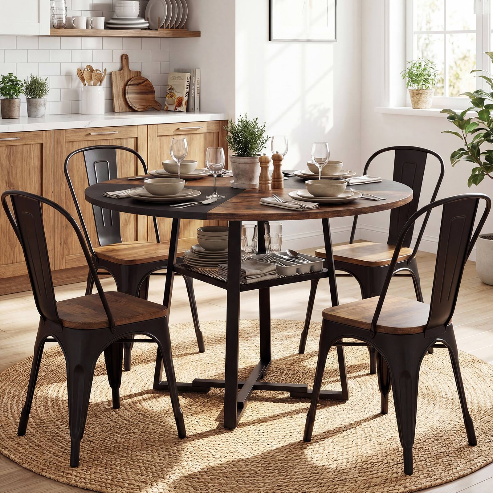 Alt View 1. Gymax - Gymax Round Dining Table for 4-6 47.5'' Dining Room Table w/Storage Shelf & Metal Legs Rustic Brown & Black - Brown.