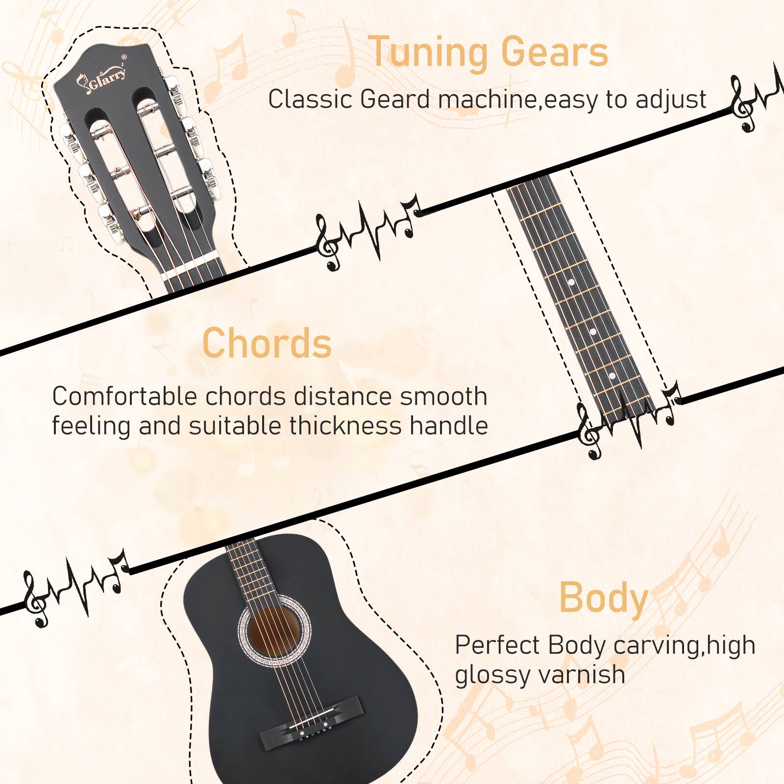 - Tuning Gears: Classic Gear machine, easy to adjust
- Chords: Comfortable chords distance, smooth feeling, and suitable thickness handle
- Body: Perfect Body carving, high glossy varnish
