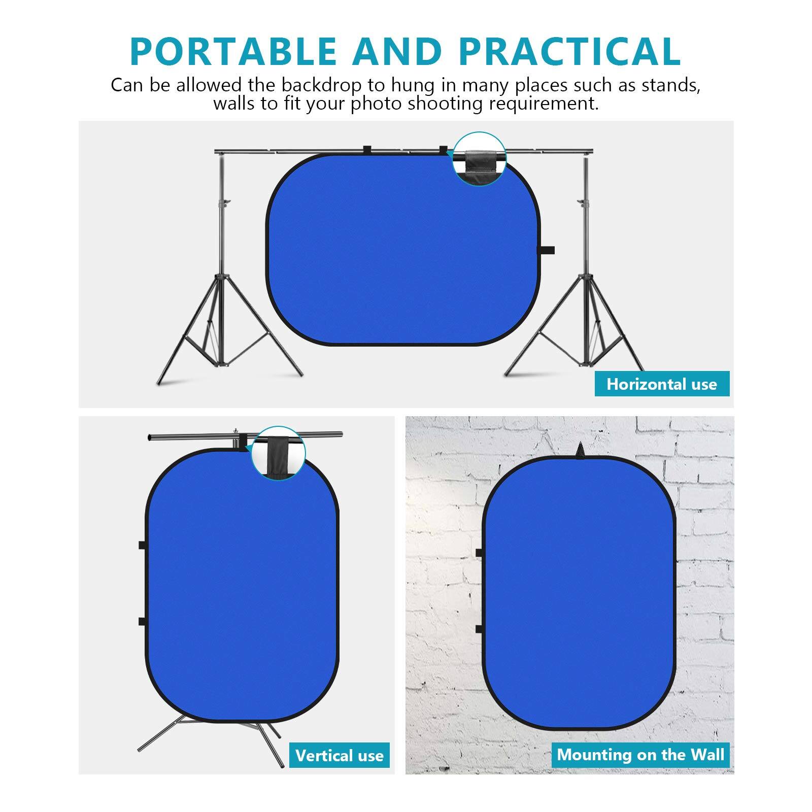 PORTABLE AND PRACTICAL  
Can be allowed the backdrop to hang in many places such as stands, walls to fit your photo shooting requirement.  

- Horizontal use  
- Vertical use  
- Mounting on the Wall