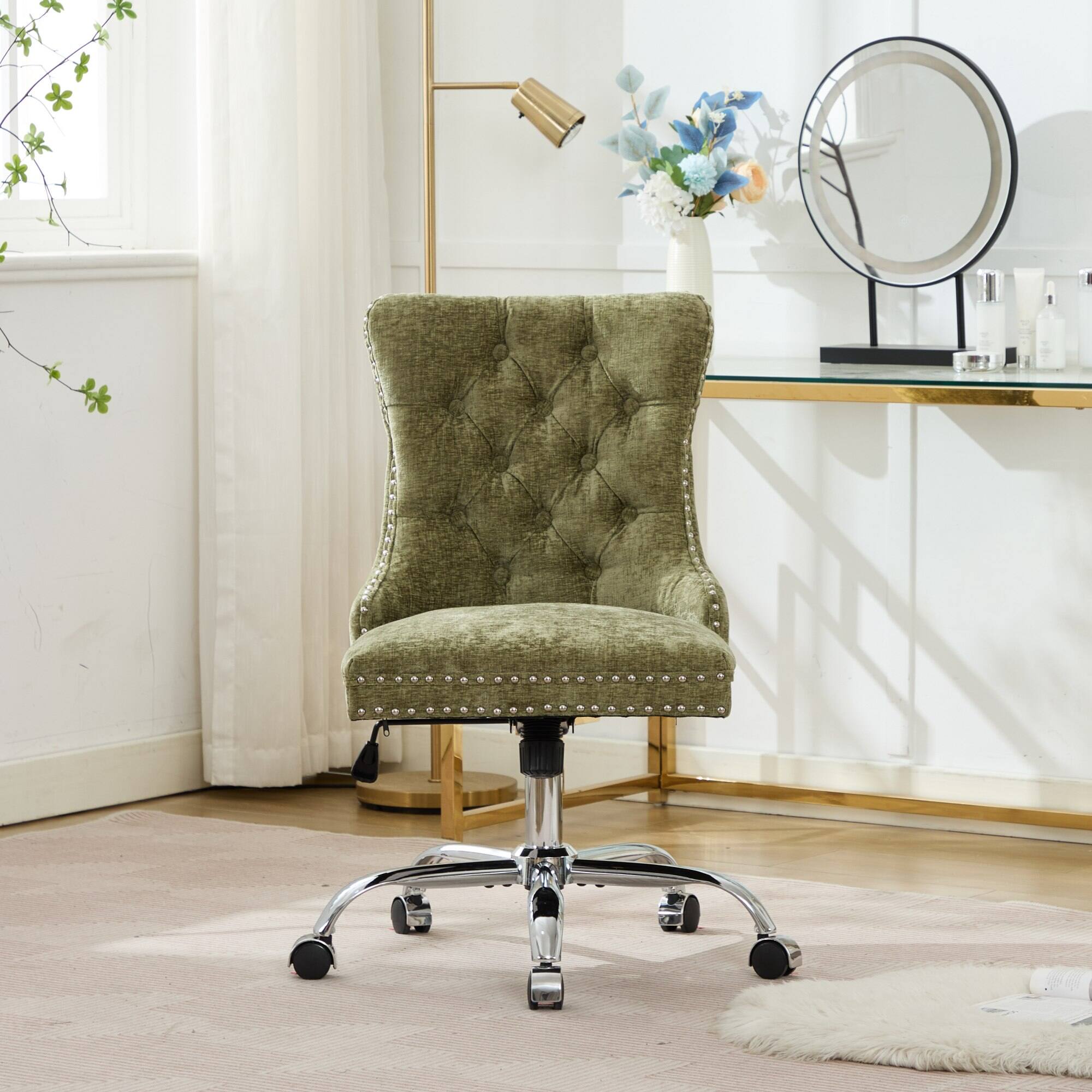 PexFix - Modern Office Chair, Tufted Chenille Upholstery, Adjustable Height & Swivel with Chrome Base, for Home Office - Green