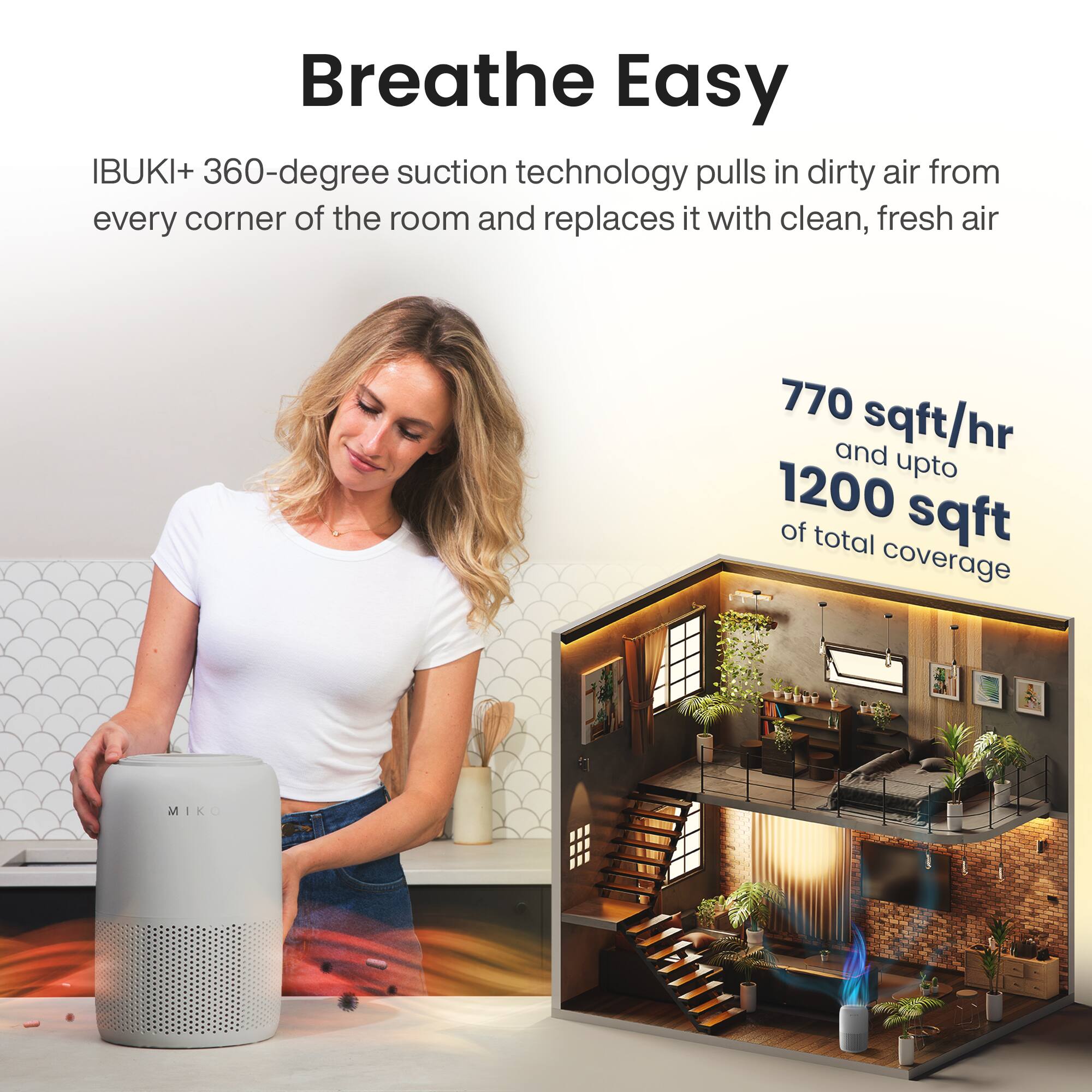 Breathe Easy
IBUKI+ 360-degree suction technology pulls in dirty air from every corner of the room and replaces it with clean, fresh air
770 sqft/hr and upto 1200 sqft of total coverage
