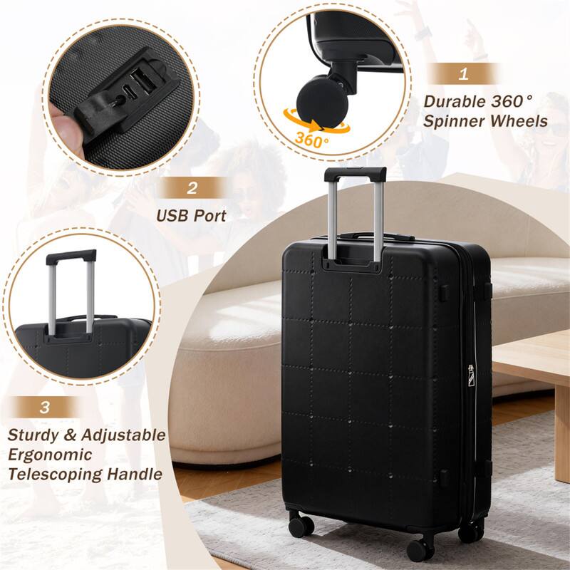 1. Durable 360° Spinner Wheels  
2. USB Port  
3. Sturdy & Adjustable Ergonomic Telescoping Handle