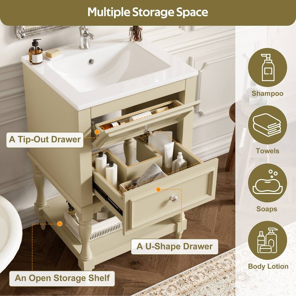 Multiple Storage Space

- A Tip-Out Drawer
- A U-Shape Drawer
- An Open Storage Shelf

Items stored:
- Shampoo
- Towels
- Soaps
- Body Lotion