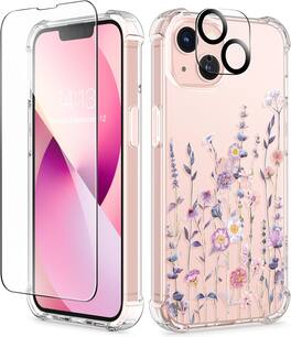 Schertz - iPhone 13 Case (6.1") – Clear Floral Design, Soft & Shockproof with Tempered Glass Screen Protector + Camera Lens Protec - Colorful