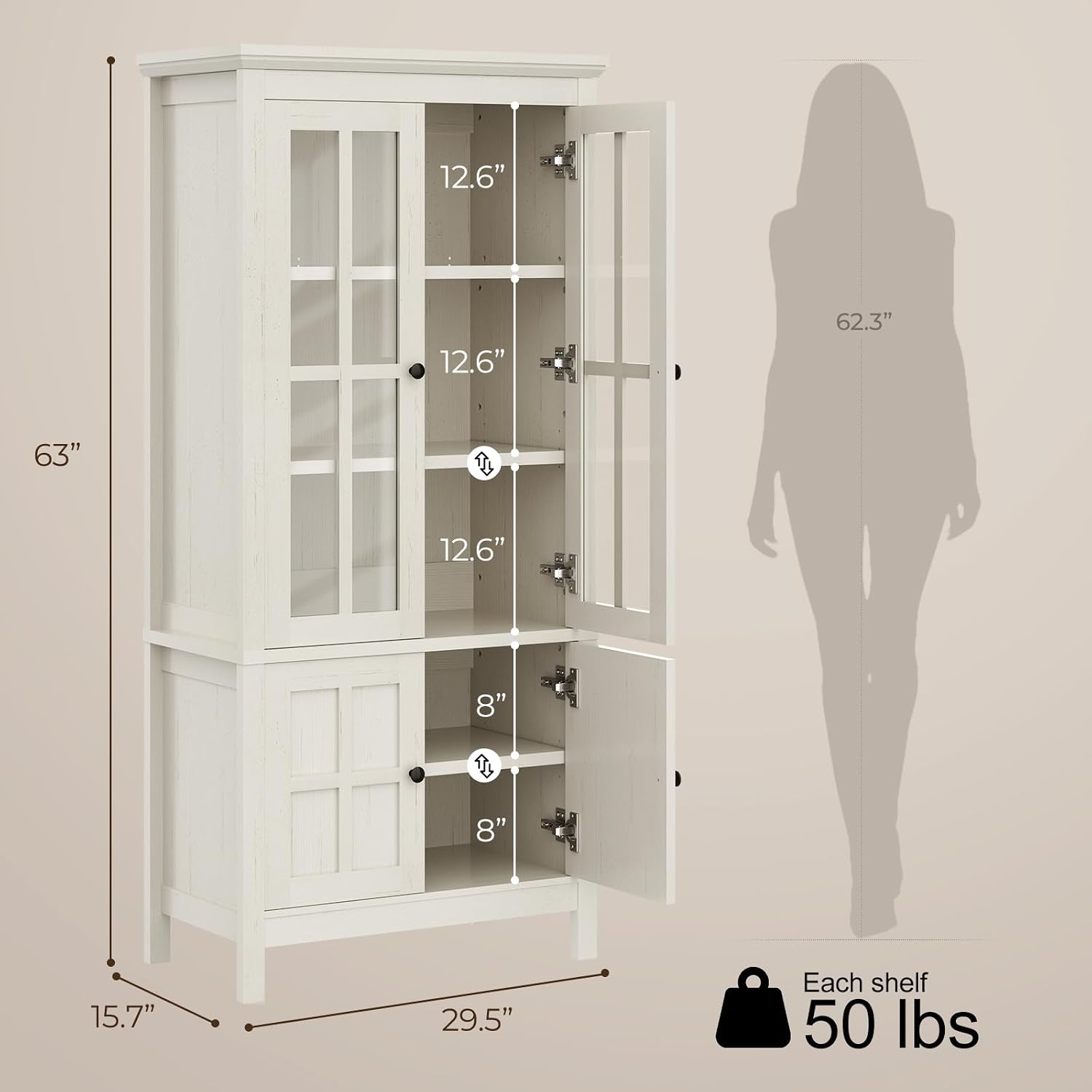 12.6"  
62.3"  
63"  
8"  
15.7"  
29.5"  
Each shelf 50 lbs