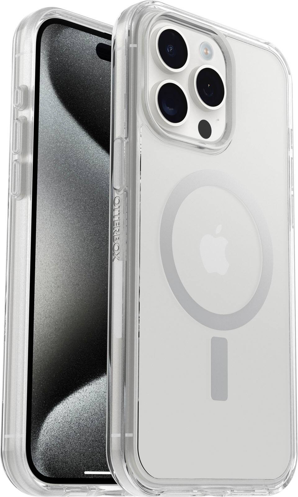 Left. OtterBox - Symmetry Series Hard Shell for MagSafe for Apple iPhone 15 Pro Max - Clear.
