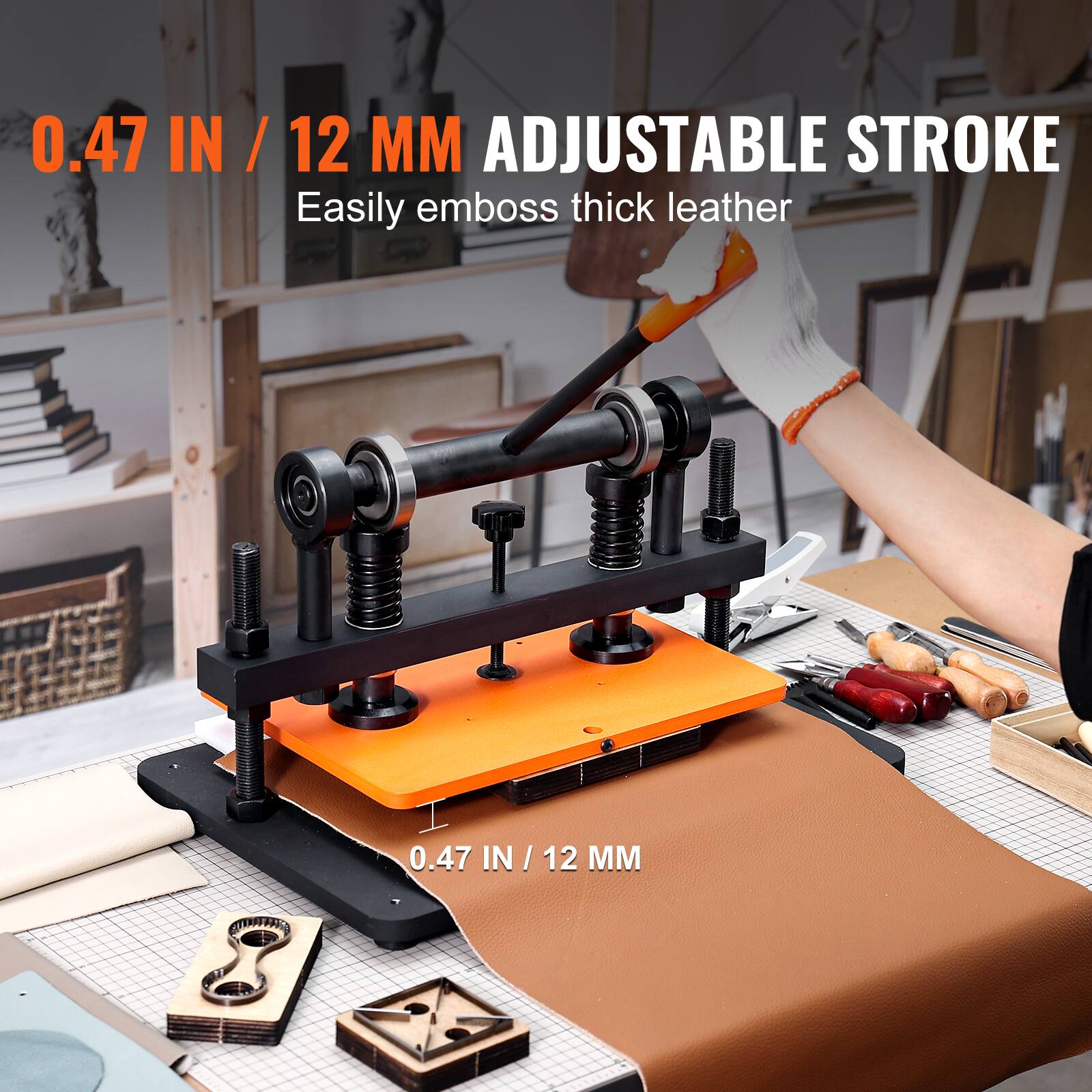 0.47 IN / 12 MM ADJUSTABLE STROKE  
Easily emboss thick leather