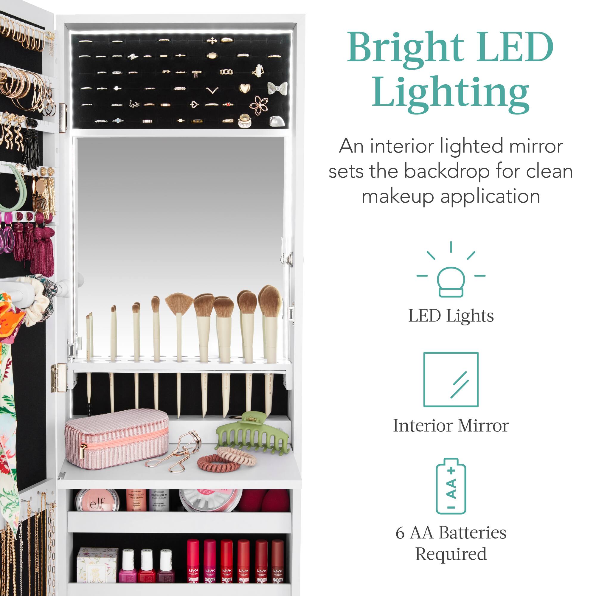 Bright LED Lighting

An interior lighted mirror sets the backdrop for clean makeup application.

LED Lights
Interior Mirror
6 AA Batteries Required