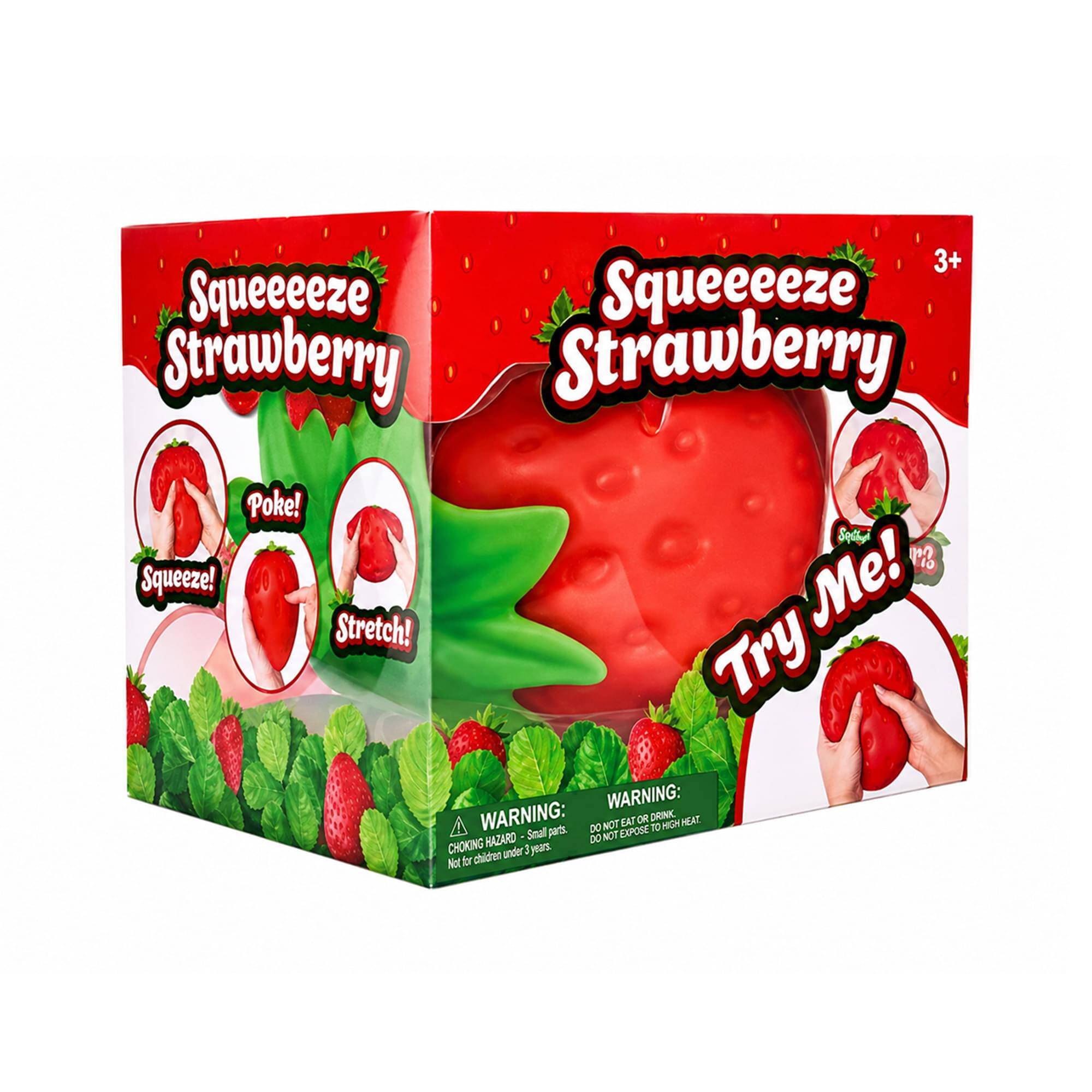 3+ Squeeze Strawberry Poke! Squeeze! Stretch! Try Me!  
WARNING:  
- DO NOT EAT OR DRINK.  
- DO NOT EXPOSE TO HIGH HEAT.  
- CHOKING HAZARD Small parts. Not for children under 3 years.