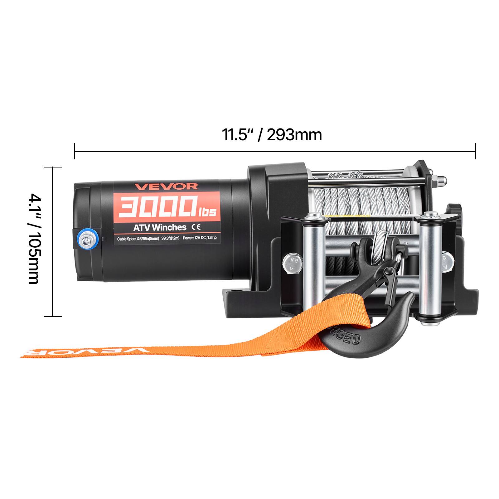11.5" / 293mm  
4.1" / 105mm  
VEVOR  
3000 lbs ATV Winches CE  
Cable Space: 4.5/6.5mm / 30.3ft / 105m  
Power: 12V DC, 13.1 hp  
2 SVDC  
30.30(0mc Powr 2 SVDC 1310 Spc Y Elr VEVOR ACEO