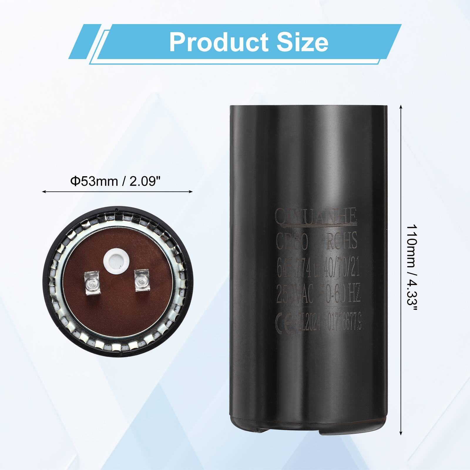 Product Size: 53mm / 2.09" / 2.09"  
ONUANHE CD60 ROHS 644 L 40/10/2.1 25VAC 10-60 HZ  
2024 01766719 01  
: 4.33" /