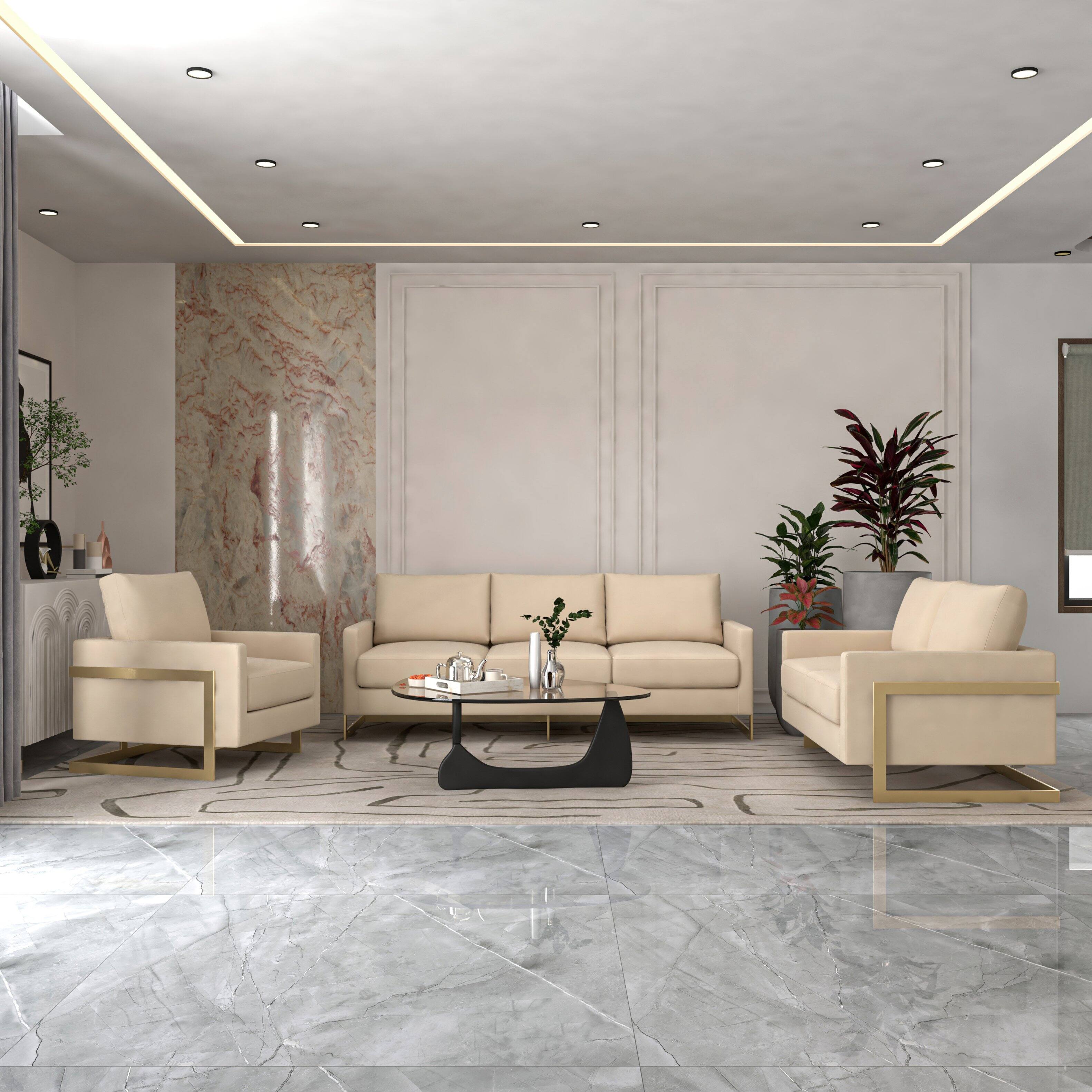 Left. LeisureMod - Lincold Modern Velvet Accent Chair, Gold Stainless Steel Sled Base Upholstered Armchair - Fully Assembled - Beige.