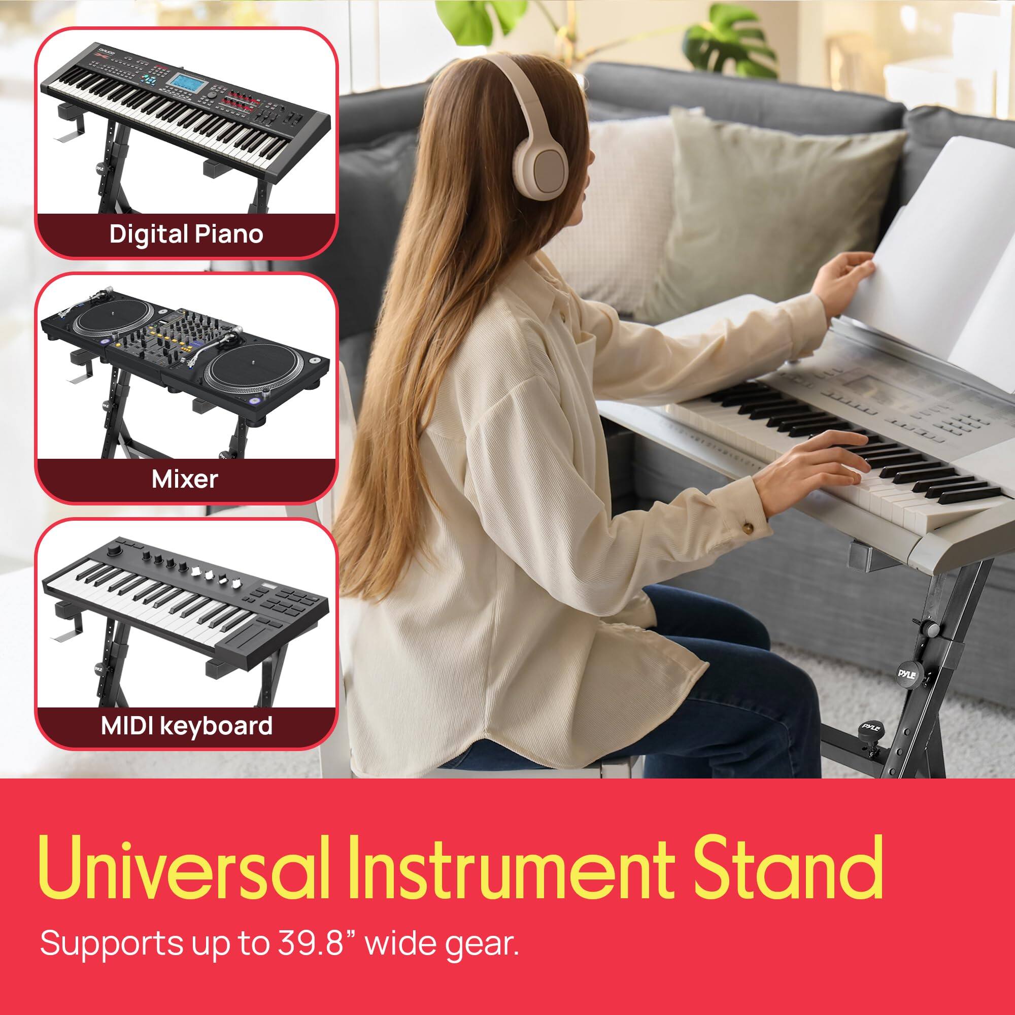 Digital Piano Mixer MIDI keyboard Universal Instrument Stand Supports up to 39.8" wide gear.