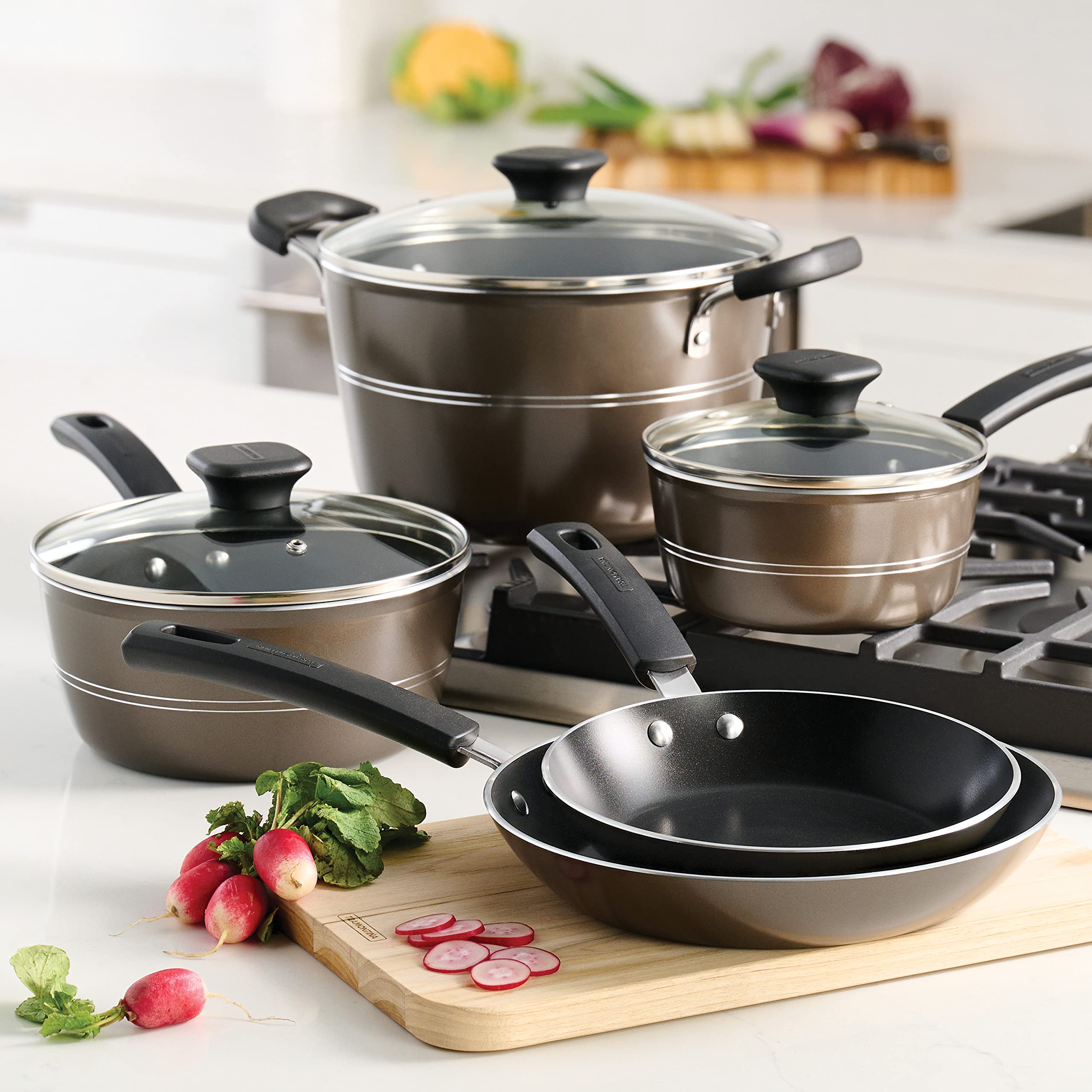 Angle. Tramontina - Tramontina Sicilia 8-Piece Non Stick Cookware Set with Glass Lids, Aluminum Nonstick Pot - hazelnut.