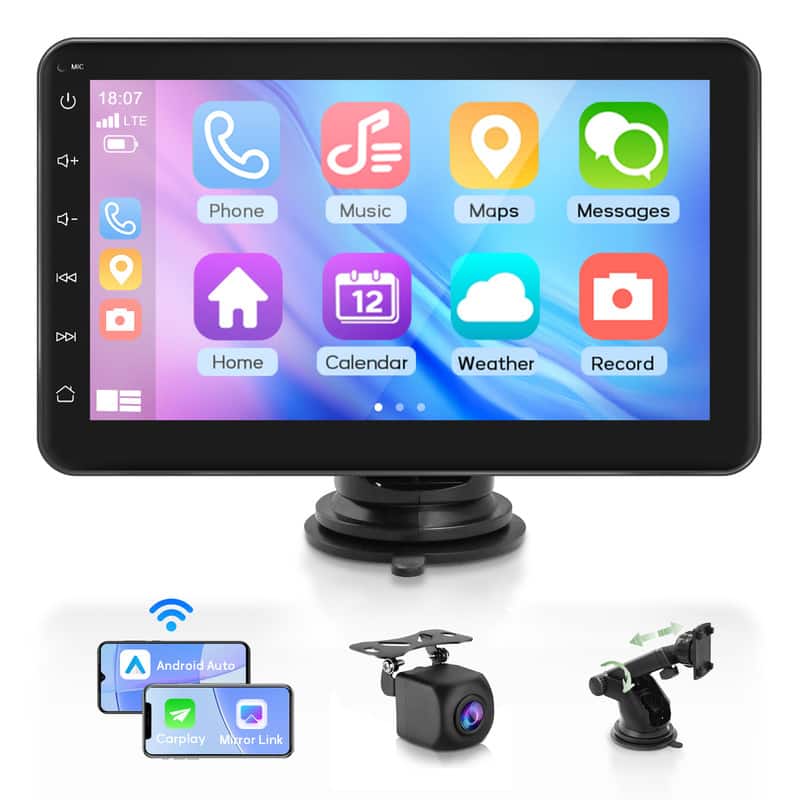 Wrightmaster - 7" Android Auto & Apple CarPlay Digital Media Receiver with HD Rear Camera, Parking Guidelines & Suction Mount Bracket - Black