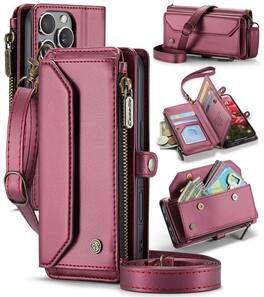Dteck - Crossbody Wallet Case for Apple iPhone 16 Pro with Card Slots and Zipper Pocket, RFID Blocking PU Leather Cover - Winered