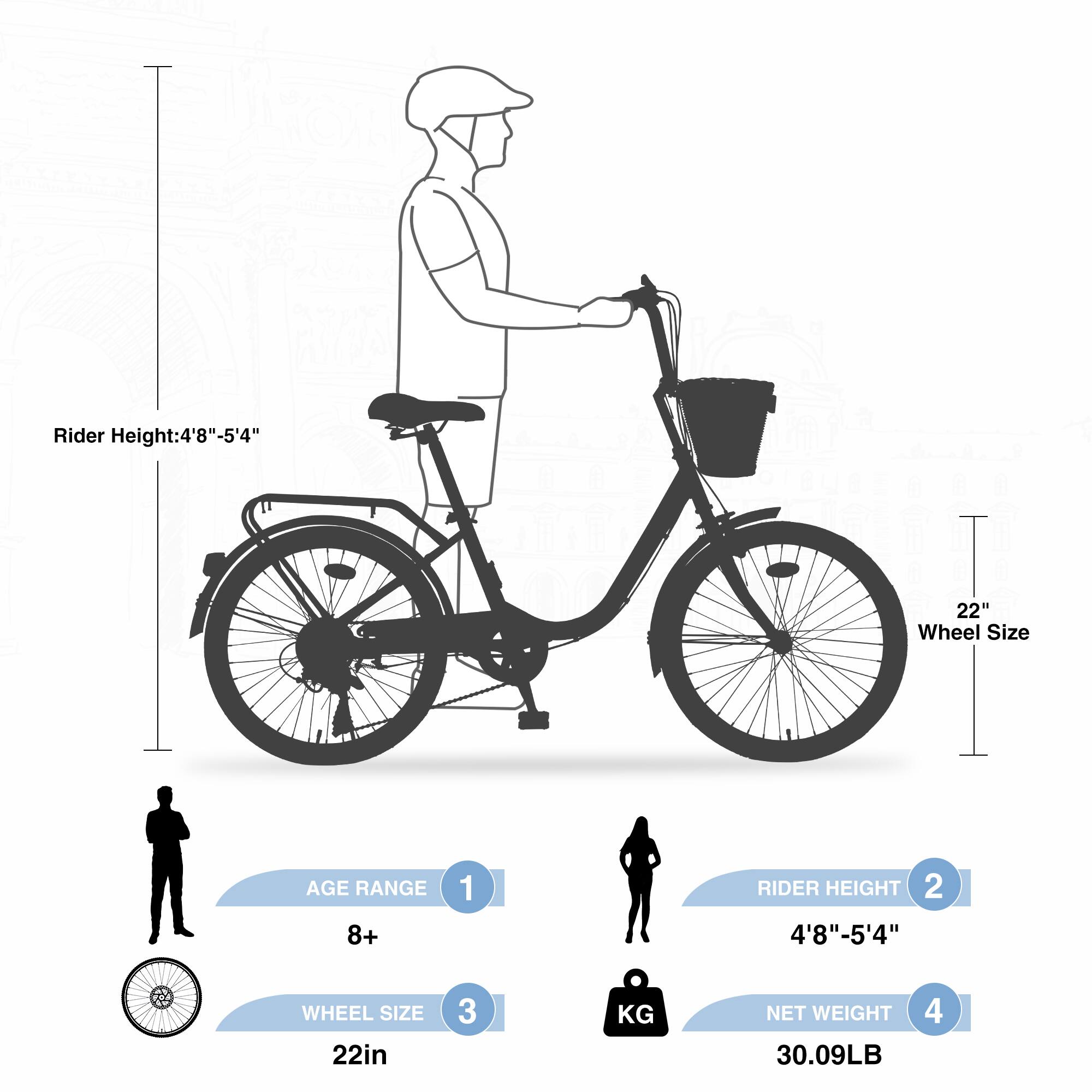 Rider Height: 4'8" - 5'4"  
Wheel Size: 22"  
Age Range: 8+  
Rider Height: 4'8" - 5'4"  
Wheel Size: 22in  
Net Weight: 30.09LB