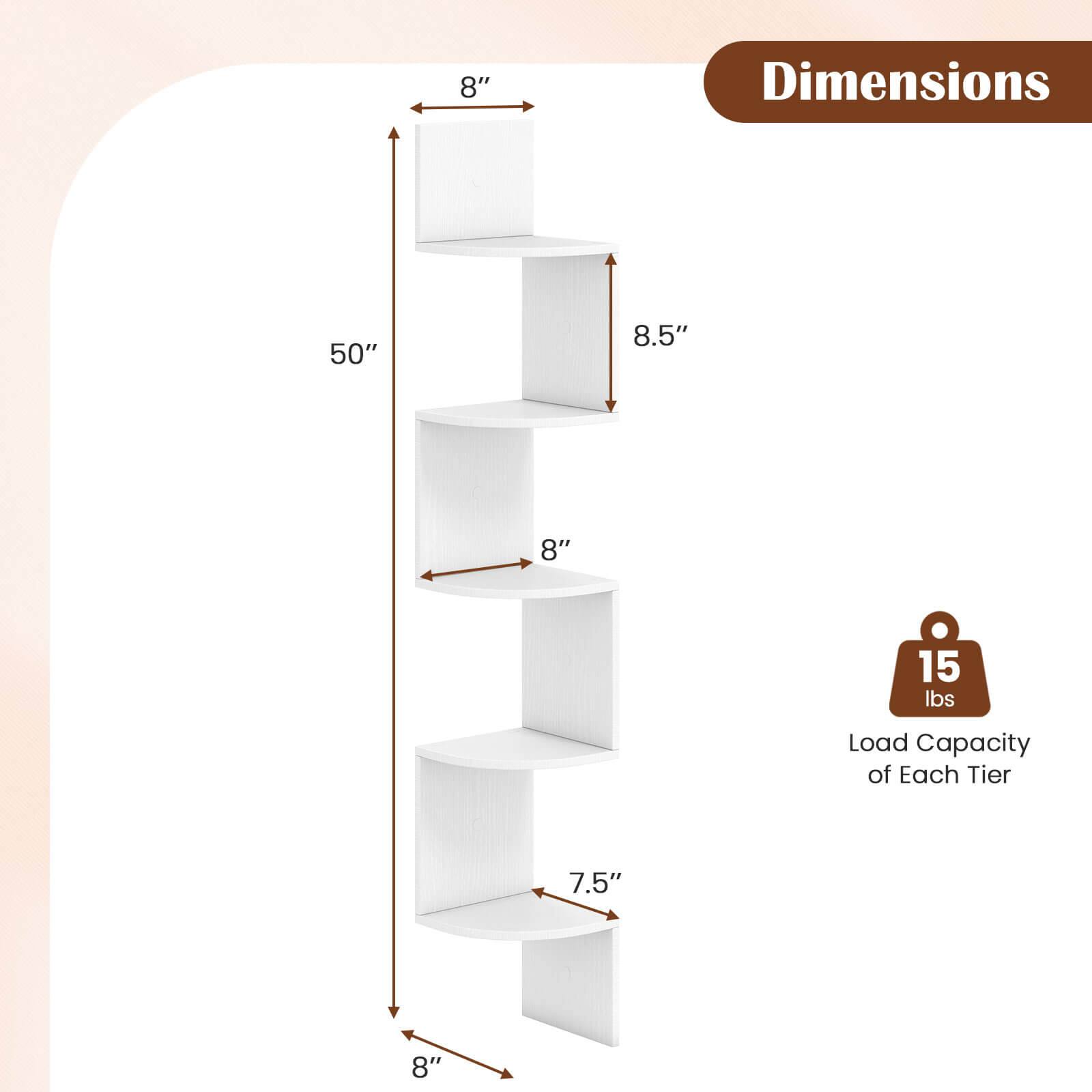 The image shows a white shelf with dimensions and load capacity information. The shelf is 8.5" tall and has a 7.5" base. It has a 50" height and is 8" wide. The load capacity of each tier is 15 lbs.