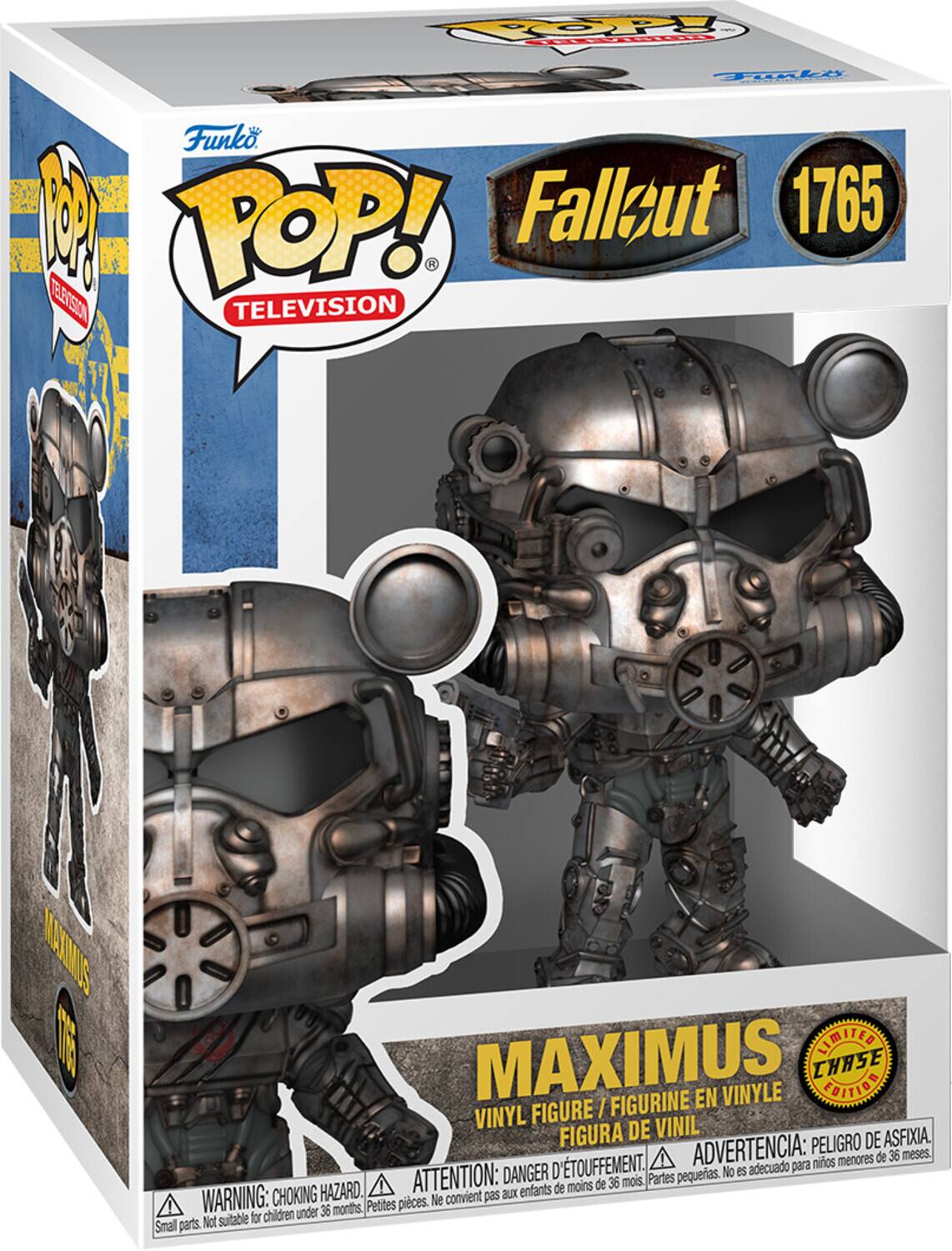 Sure, here is the corrected and grouped text from the image:

---

**Funko POP! TELEVISION**

**Fallout 1765**

**MAXIMUS**

**VINYL FIGURE / FIGURINE EN VINYLE / FIGURA DE VINIL**

**LIMITED EDITION**

**WARNING: CHOKING HAZARD - Small parts. Not suitable for children under 36 months.**

**ATTENTION: DANGER D'ÉTOUFFEMENT - Petites pièces. Ne convient pas aux enfants de moins de 36 mois.**

**ADVERTENCIA: PELIGRO DE ASFIXIA. No es adecuado para niños menores de 36 meses.**

---