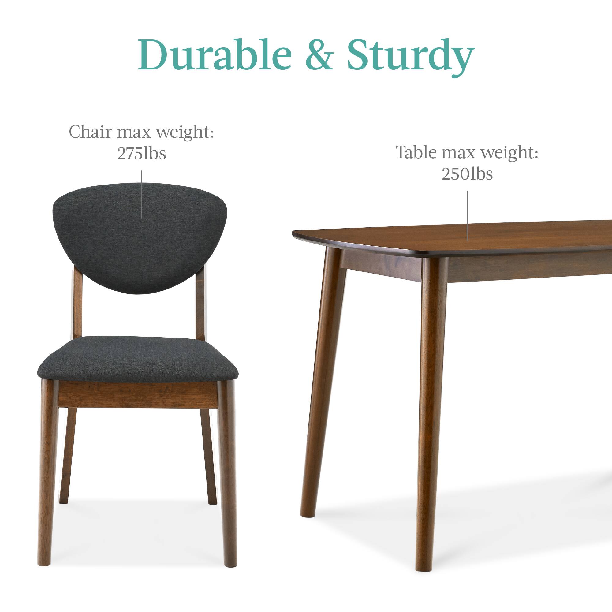 Durable & Sturdy

Chair max weight: 275lbs

Table max weight: 250lbs