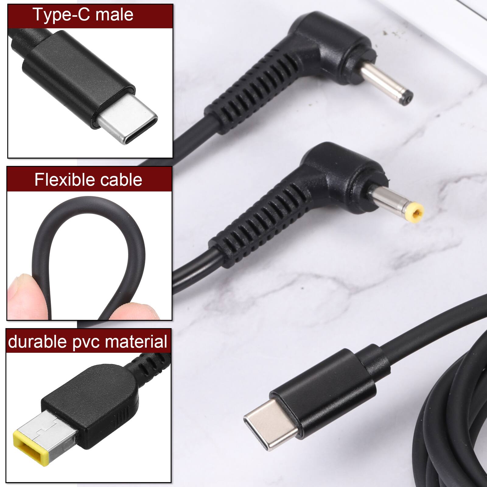 Type-C male  
Flexible cable  
Durable PVC material
